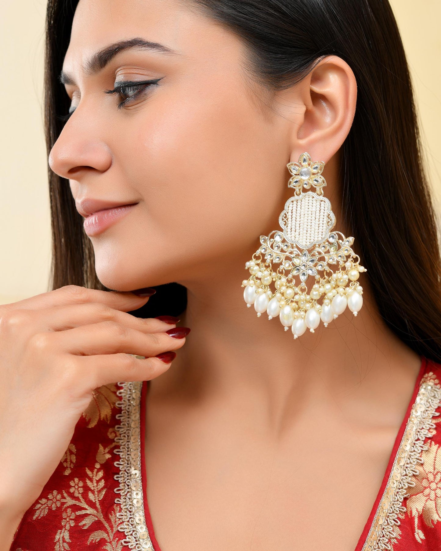 VOJ Gold-Polished Kundan Studded Pearl Drop Earrings - Swadesiicart