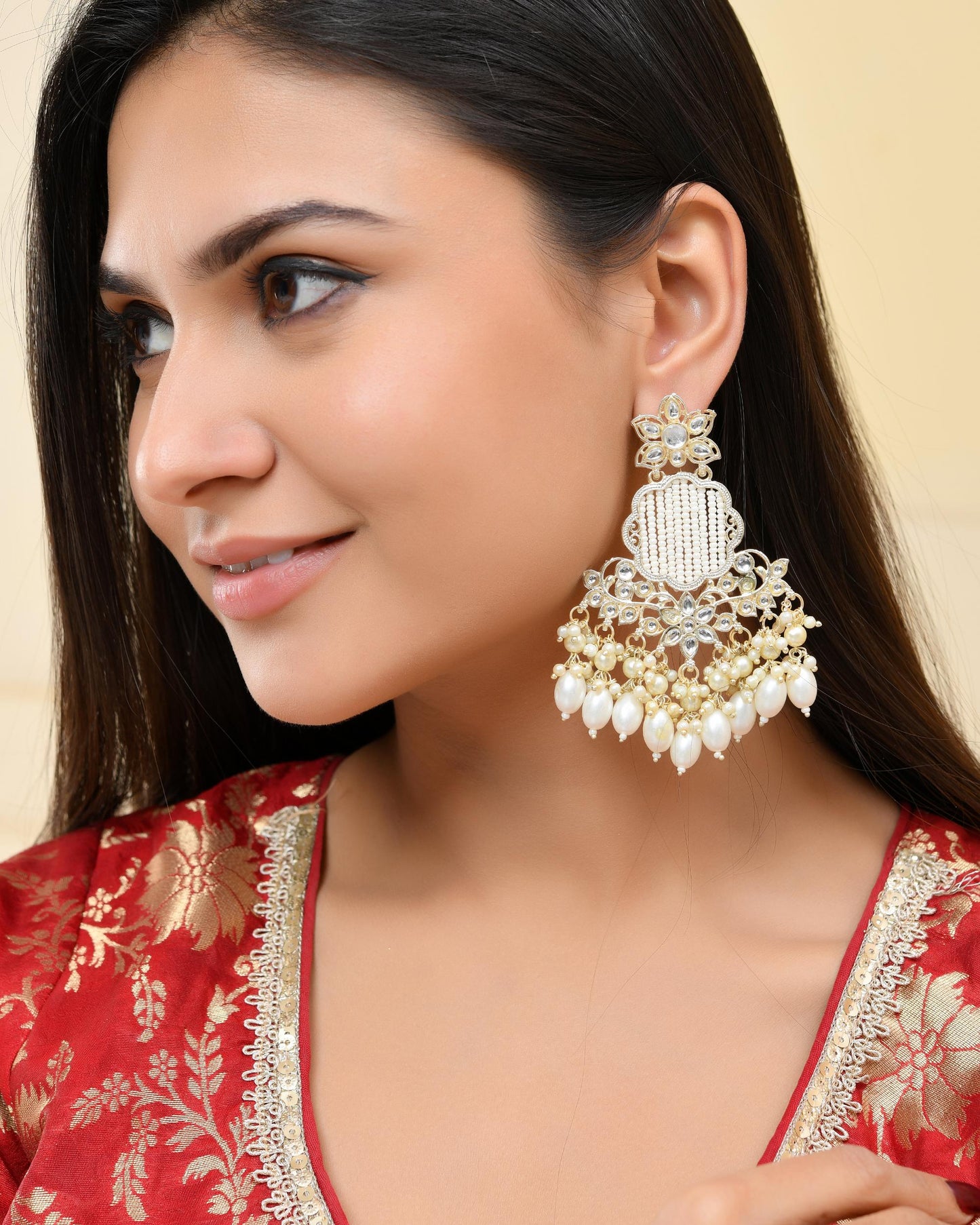 VOJ Gold-Polished Kundan Studded Pearl Drop Earrings - Swadesiicart