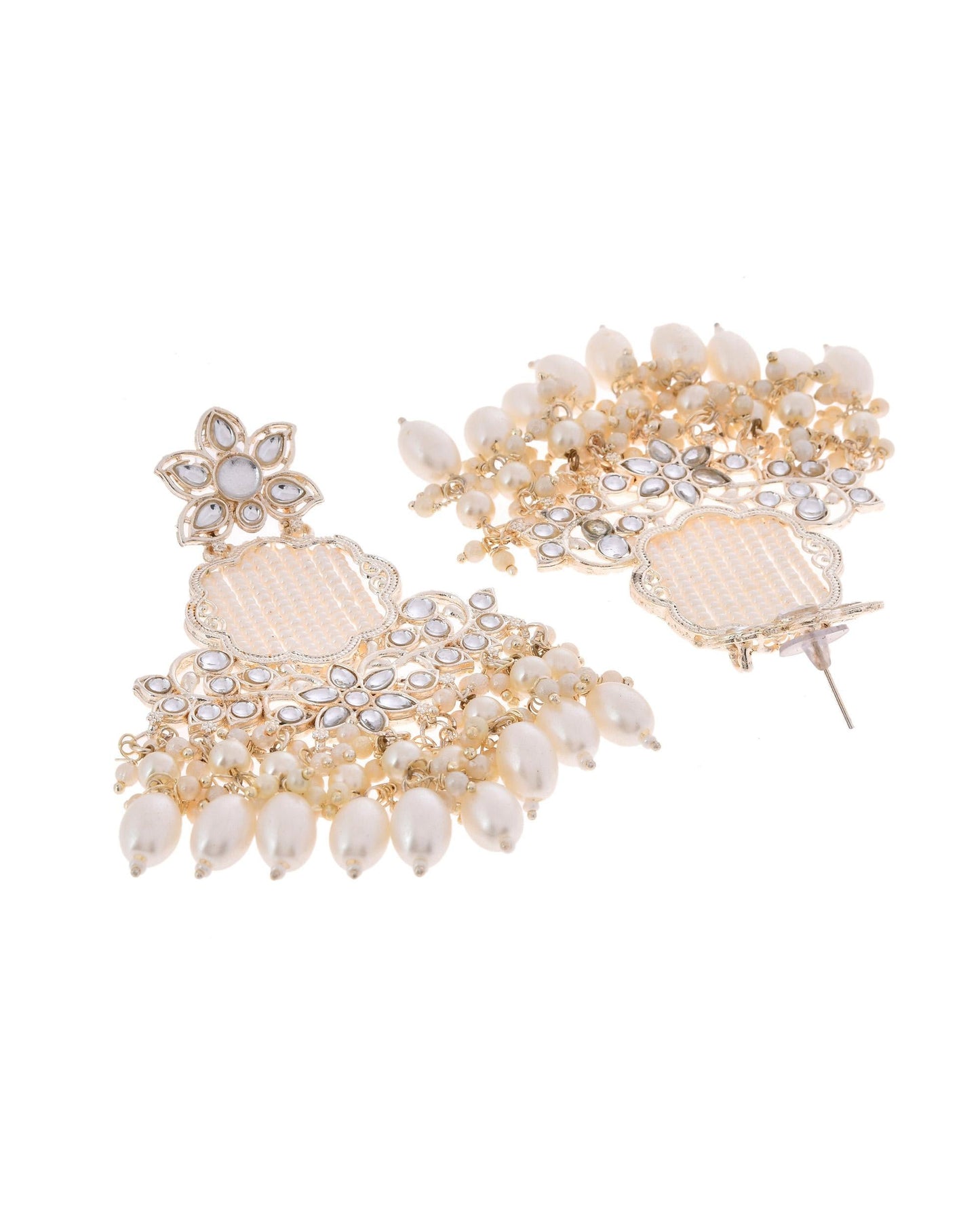 VOJ Gold-Polished Kundan Studded Pearl Drop Earrings - Swadesiicart
