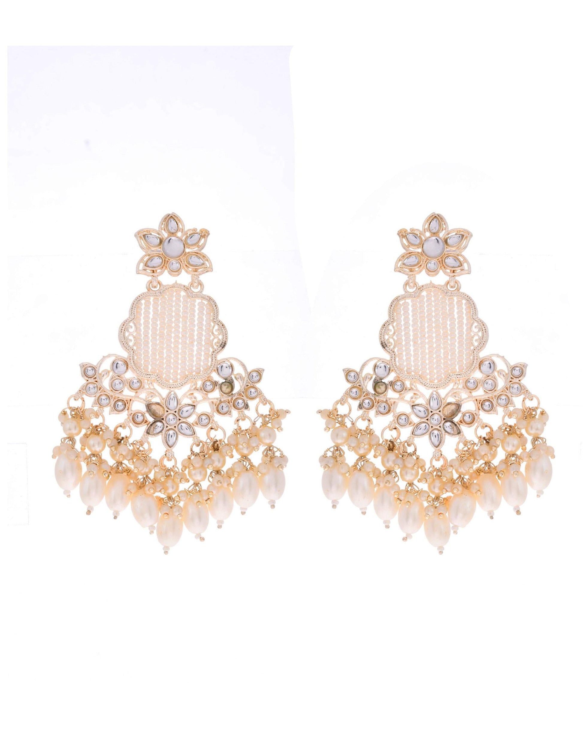 VOJ Gold-Polished Kundan Studded Pearl Drop Earrings - Swadesiicart