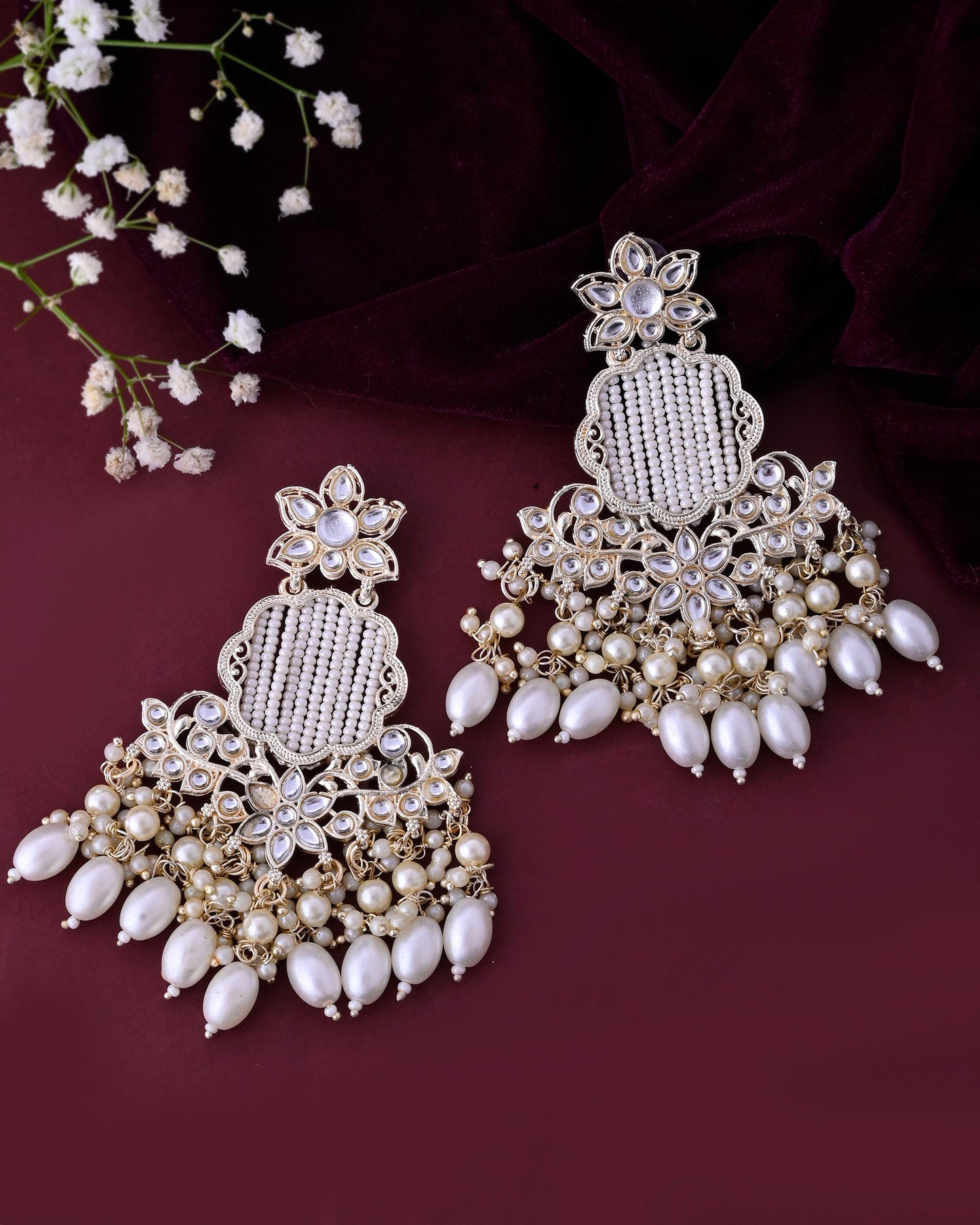 VOJ Gold-Polished Kundan Studded Pearl Drop Earrings - Swadesiicart