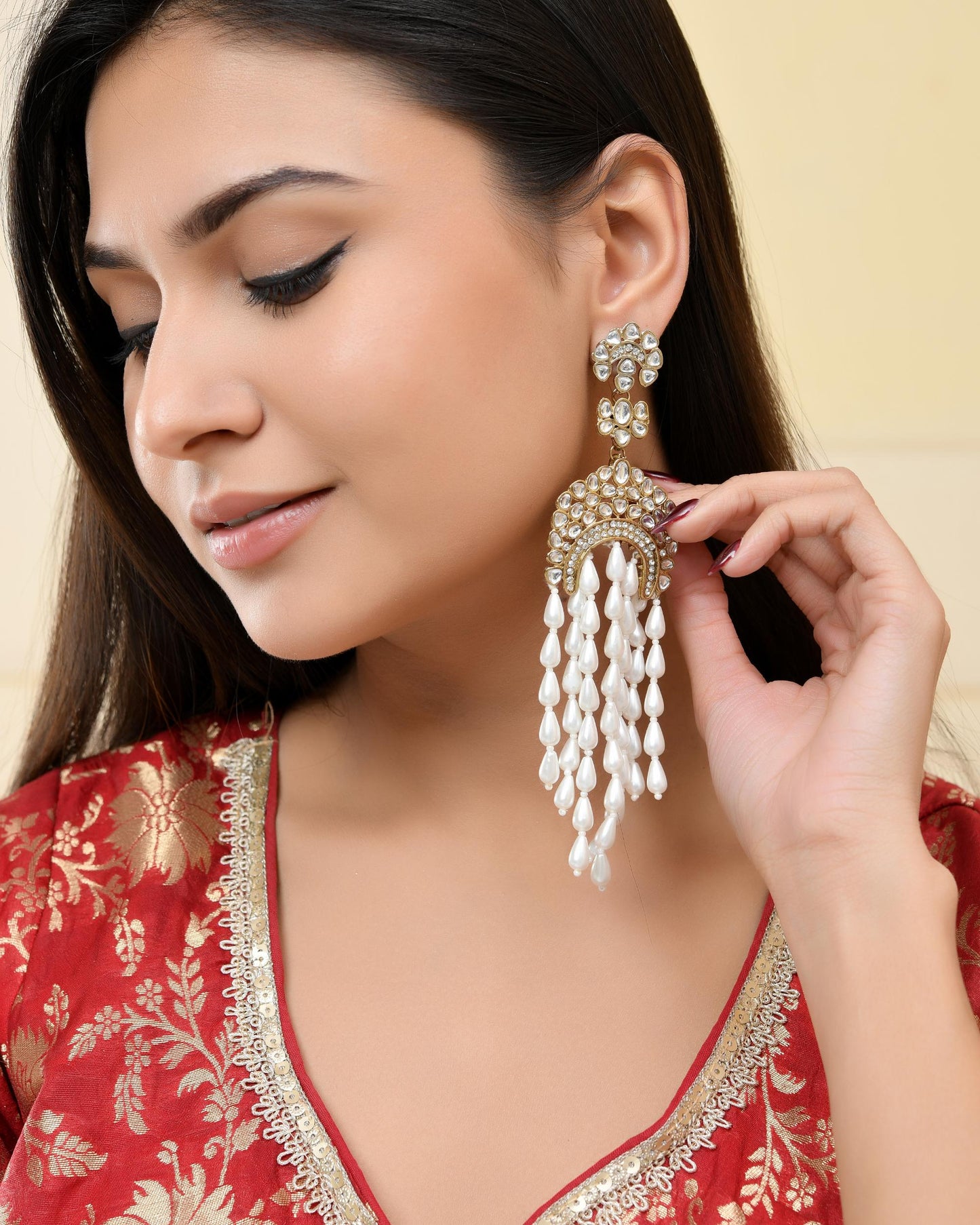 VOJ Kundan Studded White Pearl Long Drop Earrings - Swadesiicart