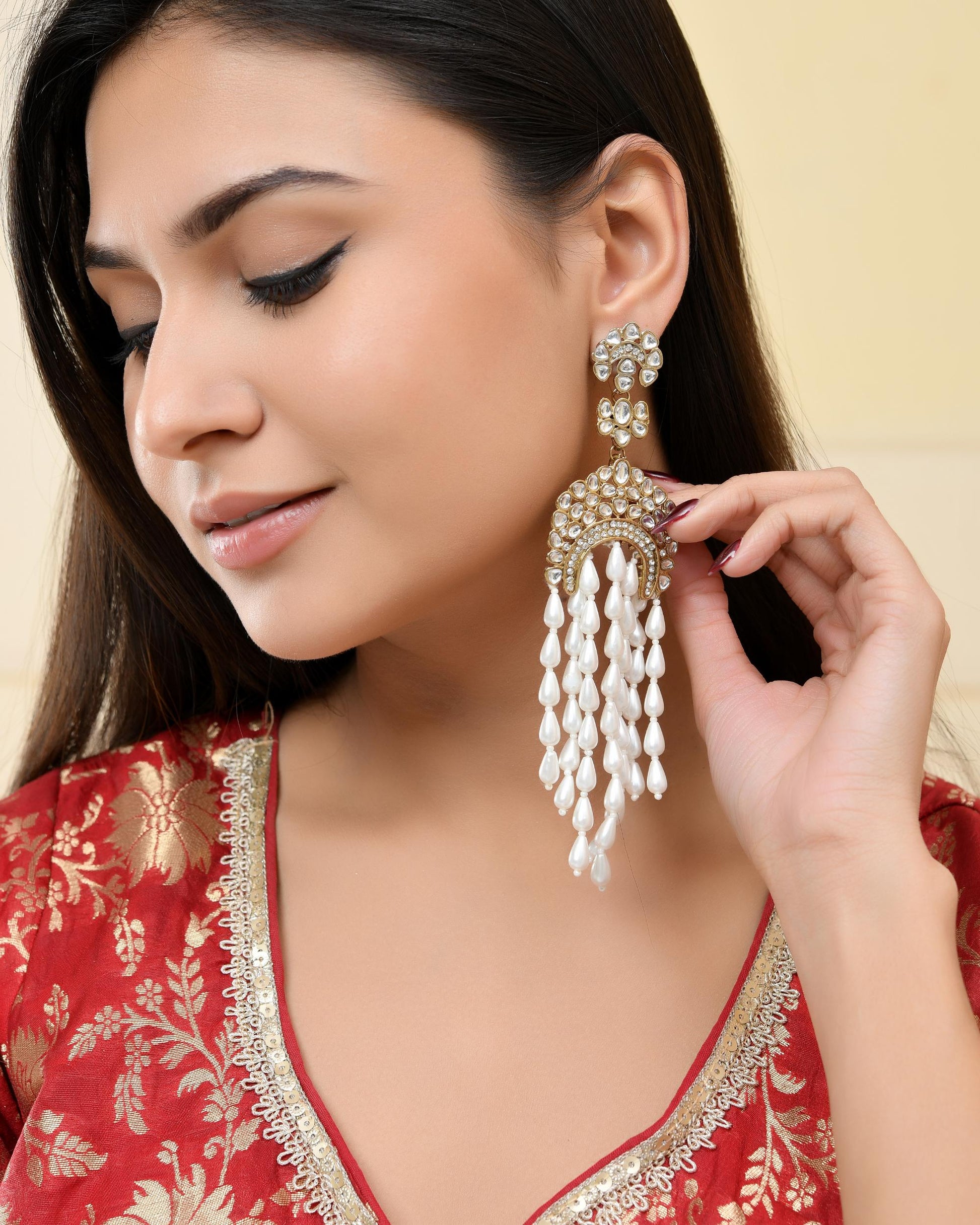 VOJ Kundan Studded White Pearl Long Drop Earrings - Swadesiicart
