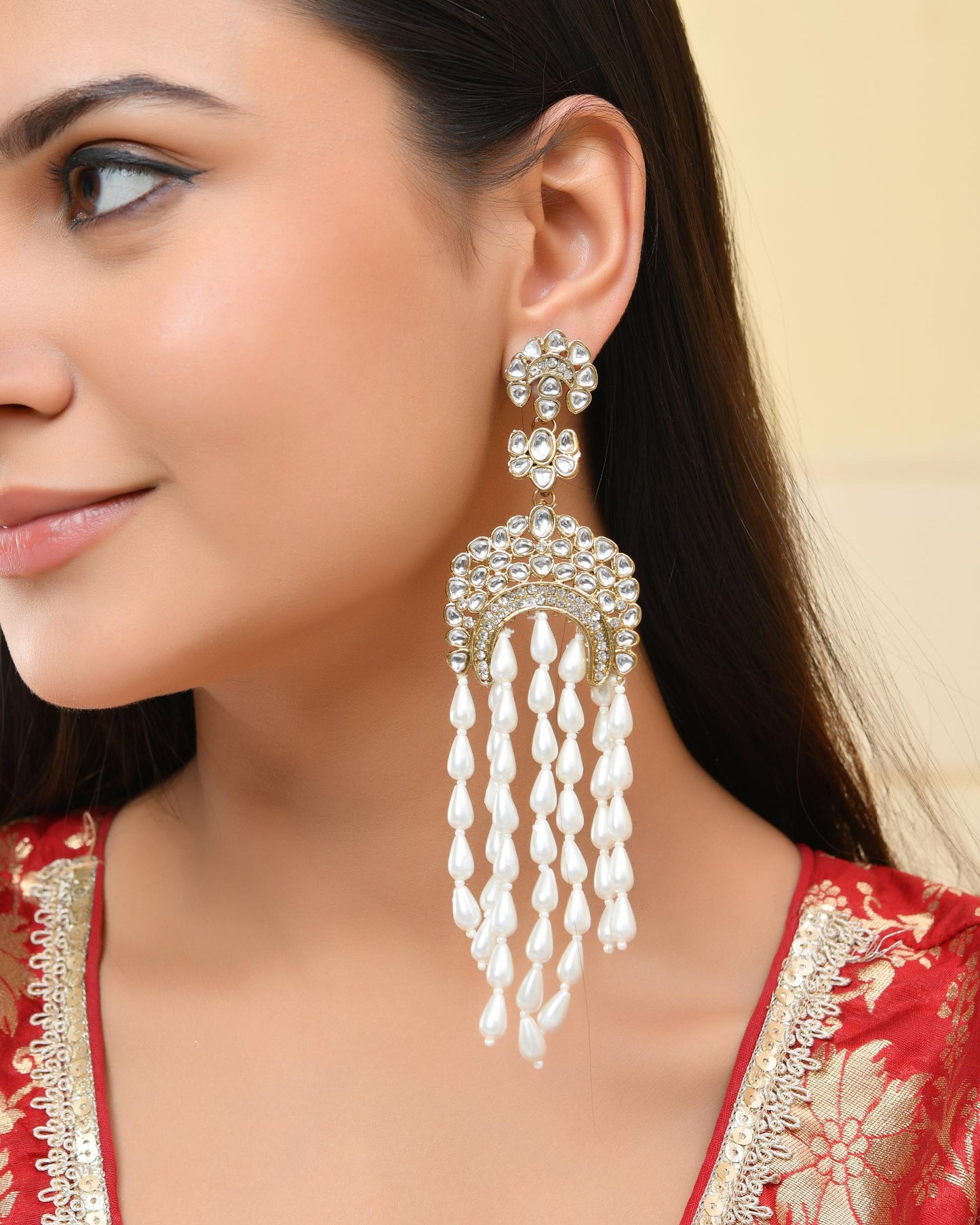 VOJ Kundan Studded White Pearl Long Drop Earrings - Swadesiicart