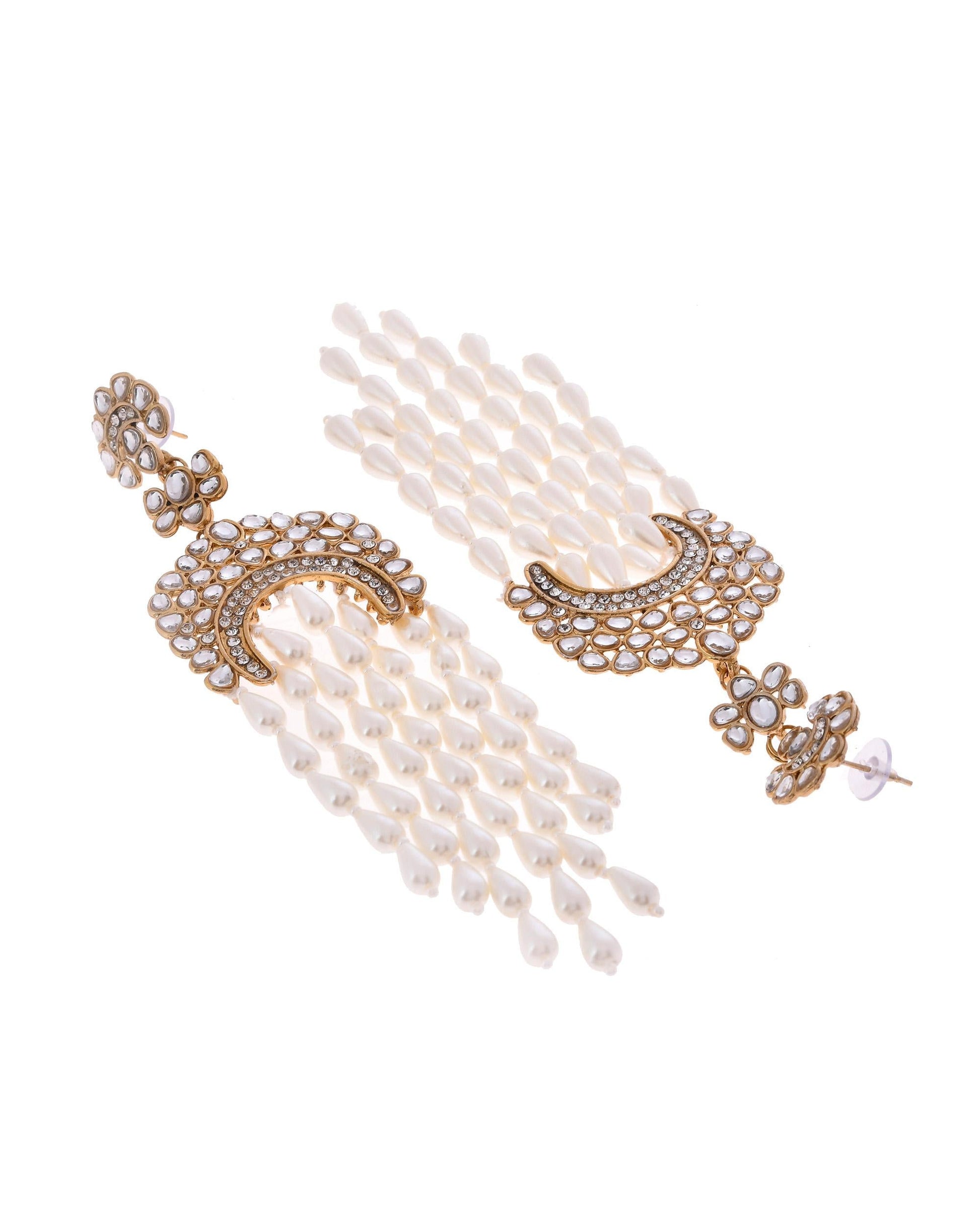 VOJ Kundan Studded White Pearl Long Drop Earrings - Swadesiicart