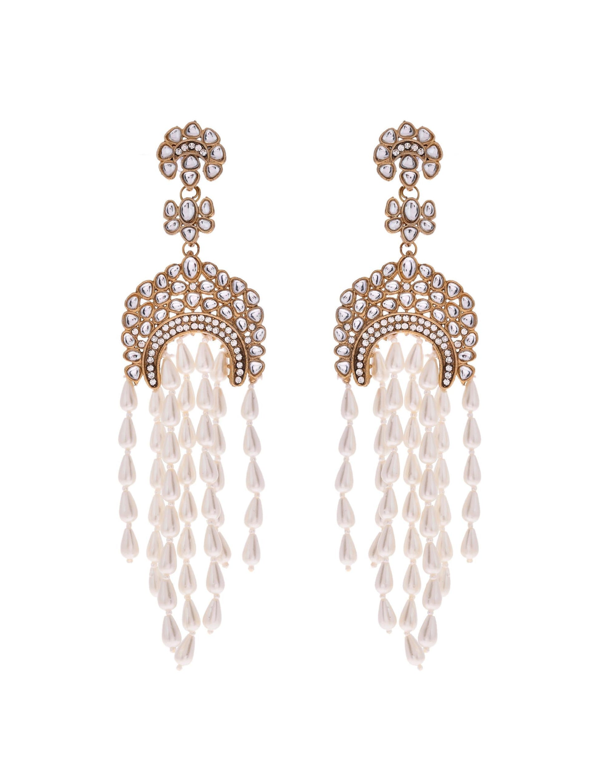 VOJ Kundan Studded White Pearl Long Drop Earrings - Swadesiicart