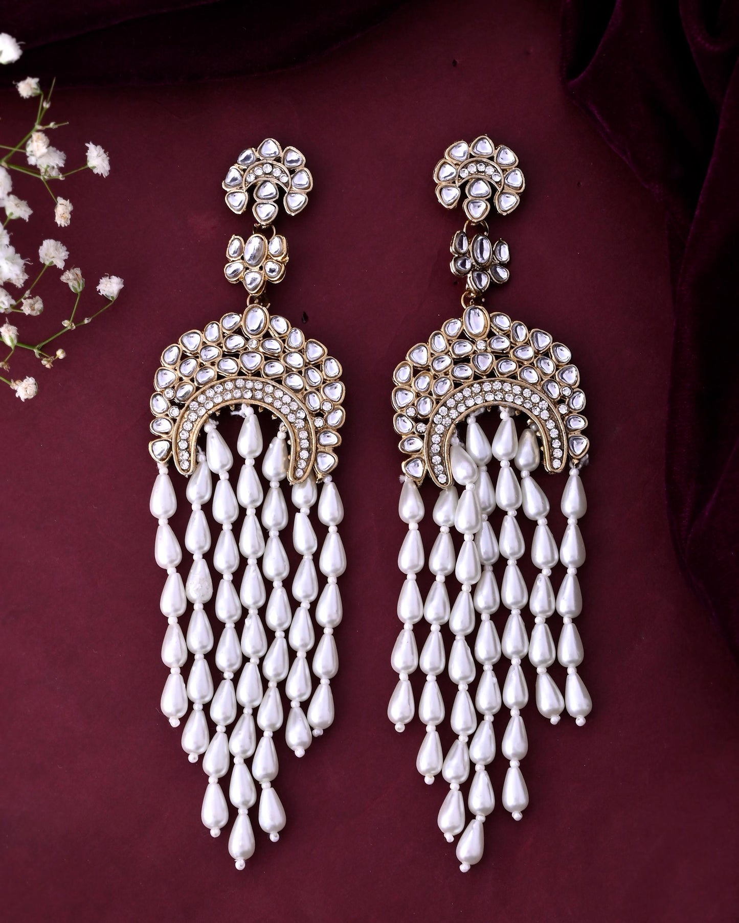 VOJ Kundan Studded White Pearl Long Drop Earrings - Swadesiicart