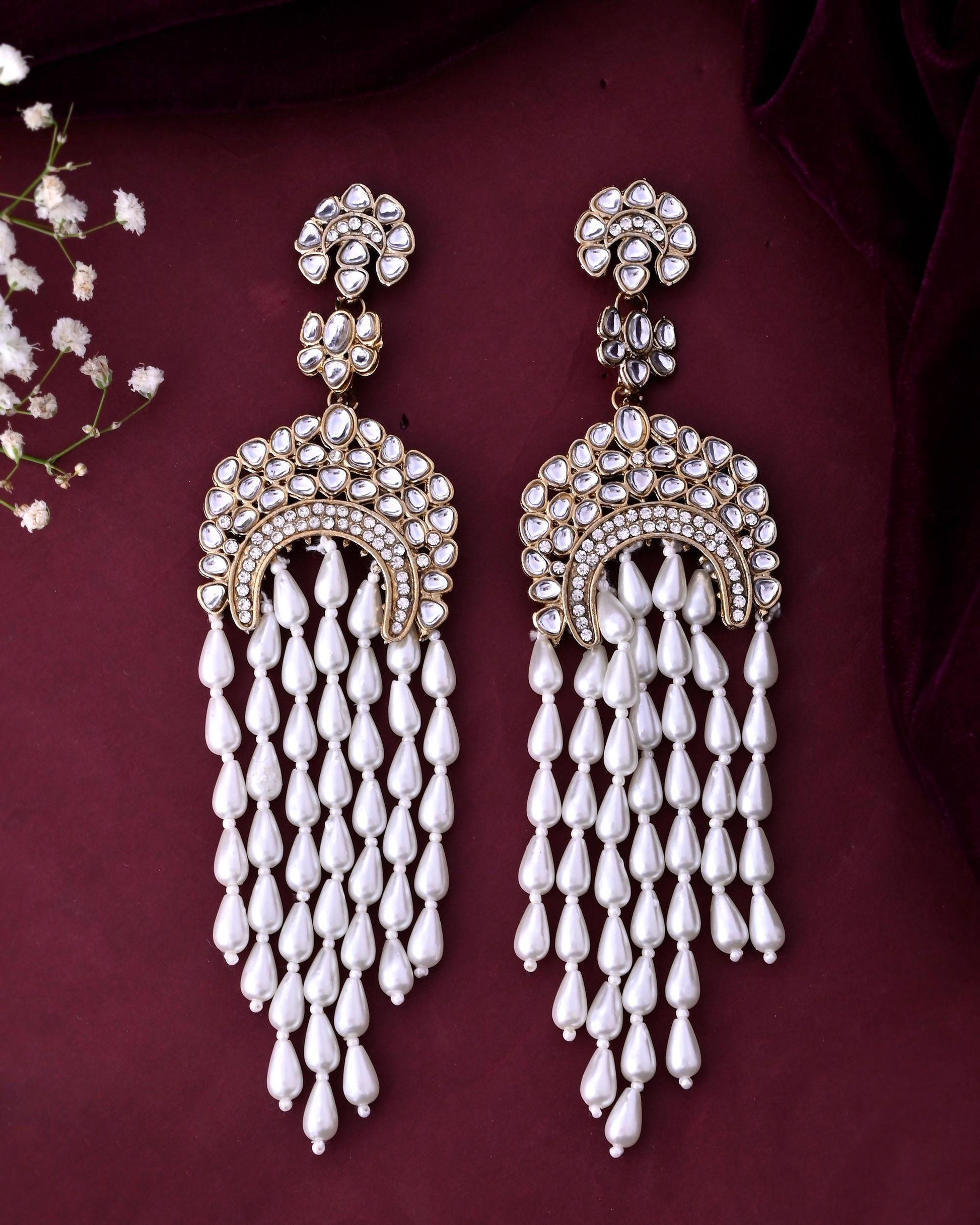 VOJ Kundan Studded White Pearl Long Drop Earrings - Swadesiicart
