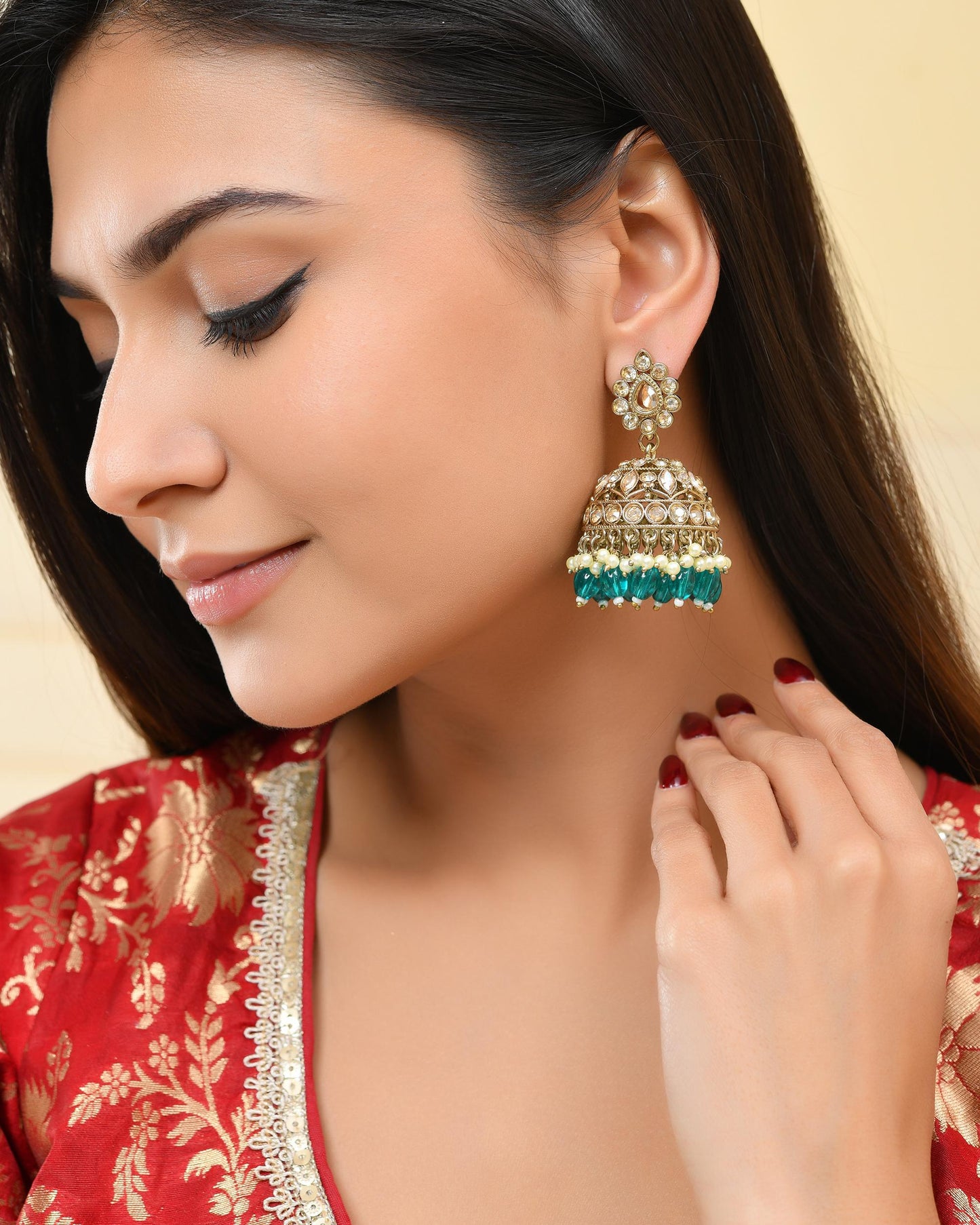 VOJ Gold-Polished Stone Studded Dome Shaped Jhumkas - Swadesiicart