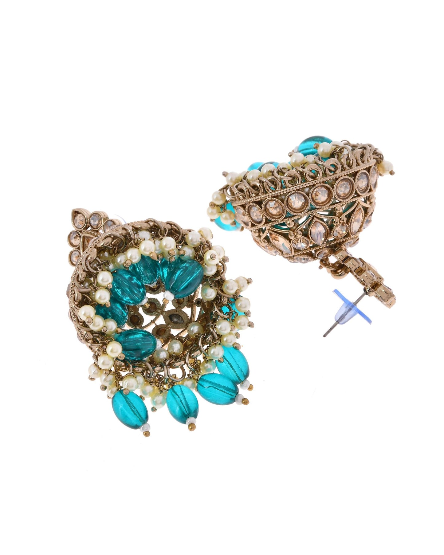 VOJ Gold-Polished Stone Studded Dome Shaped Jhumkas - Swadesiicart