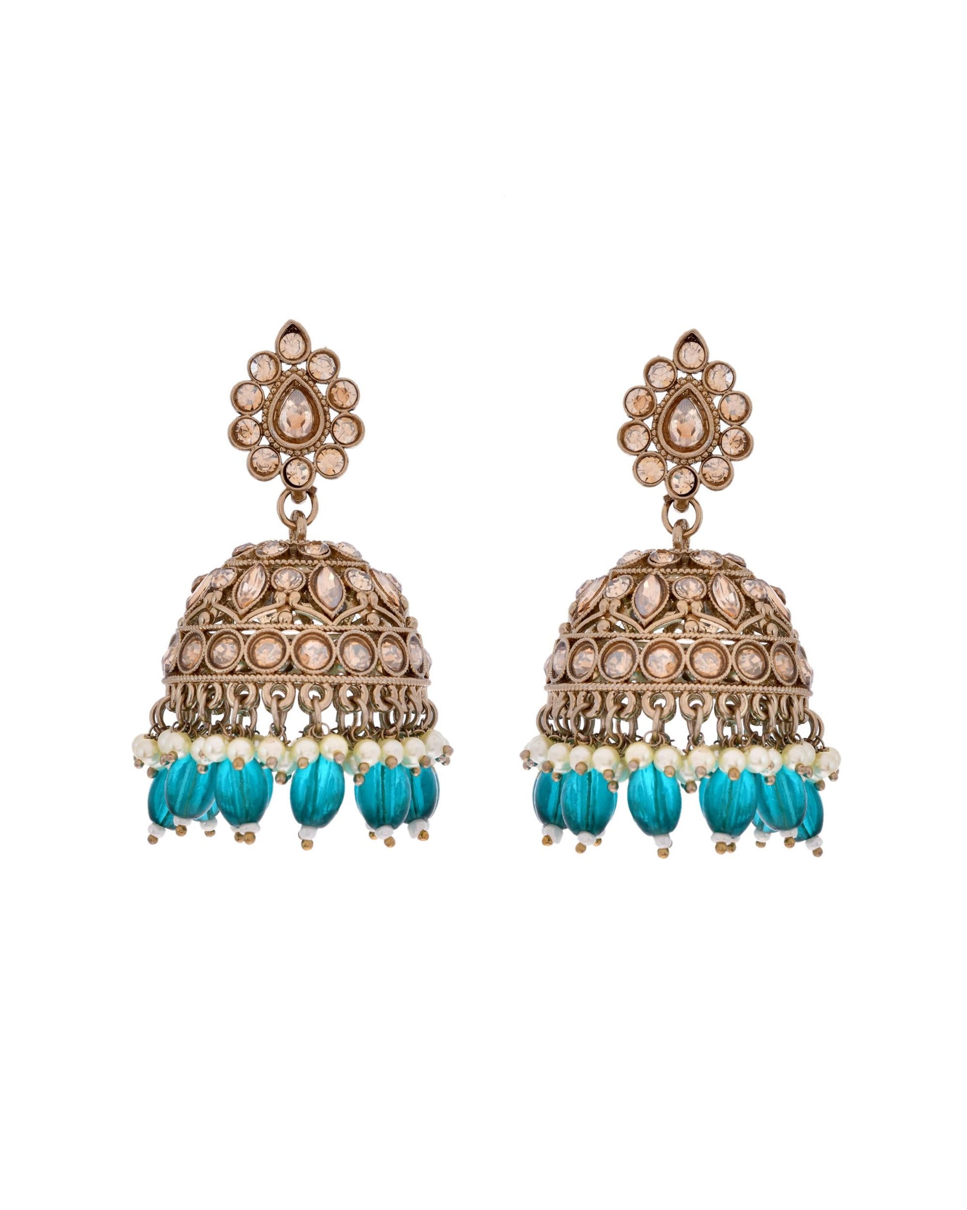 VOJ Gold-Polished Stone Studded Dome Shaped Jhumkas - Swadesiicart