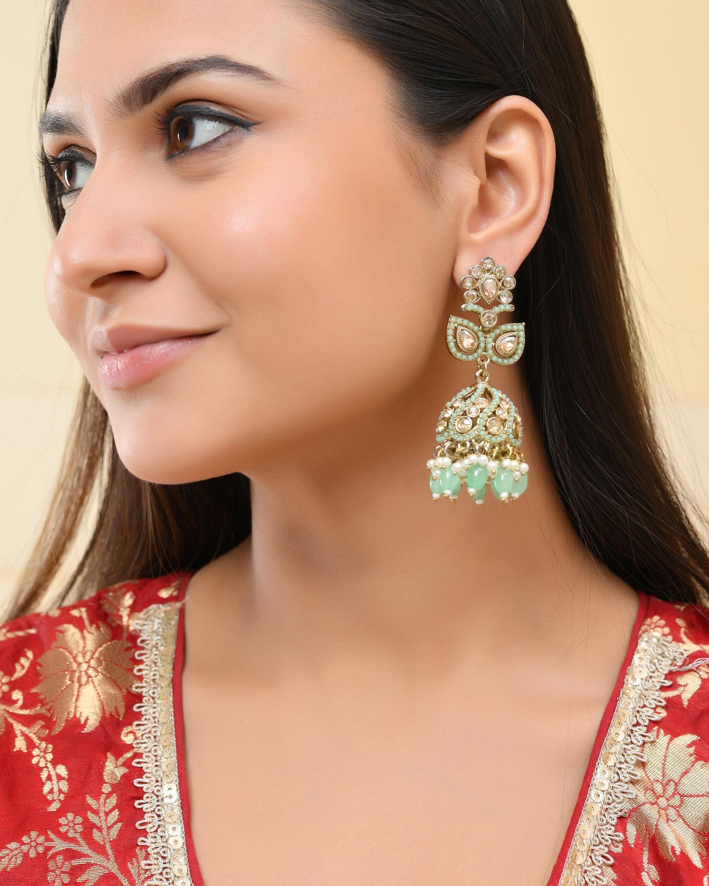 VOJ Mint Green Stone Studded Gold-Polished Jhumkas - Swadesiicart