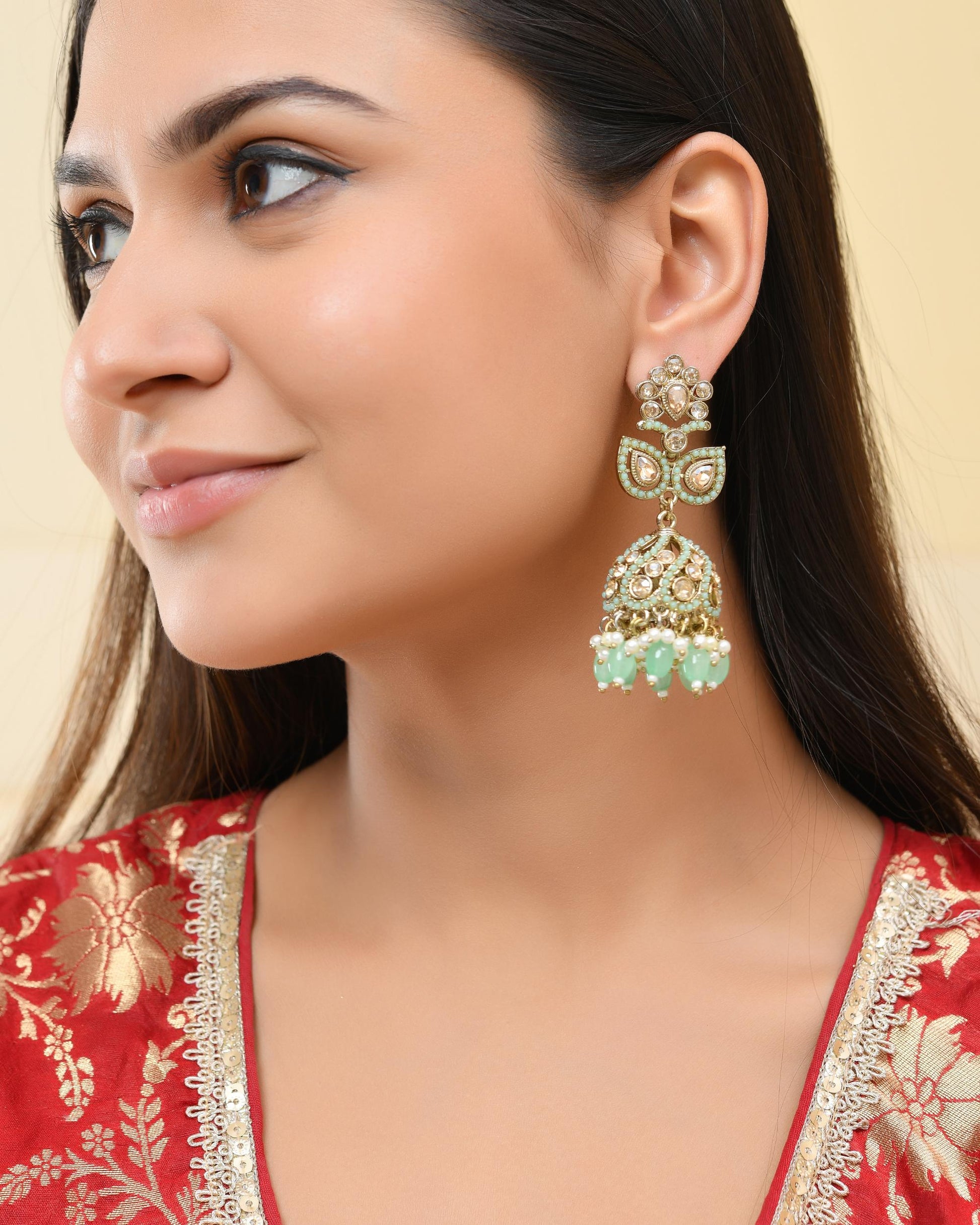 VOJ Mint Green Stone Studded Gold-Polished Jhumkas - Swadesiicart
