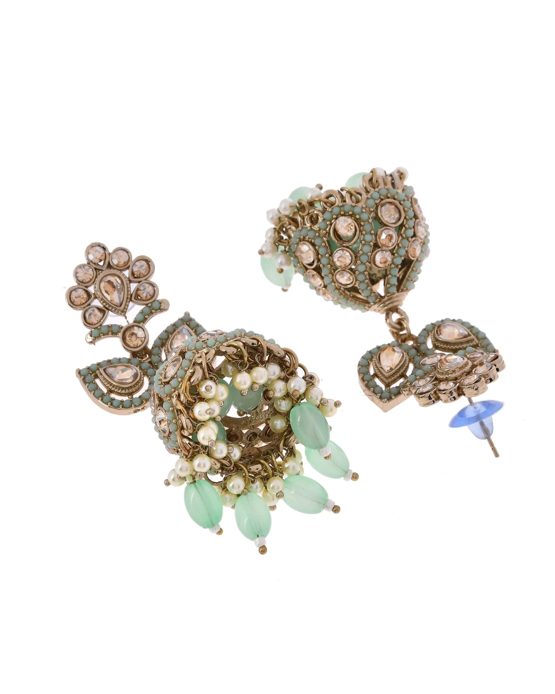 VOJ Mint Green Stone Studded Gold-Polished Jhumkas - Swadesiicart