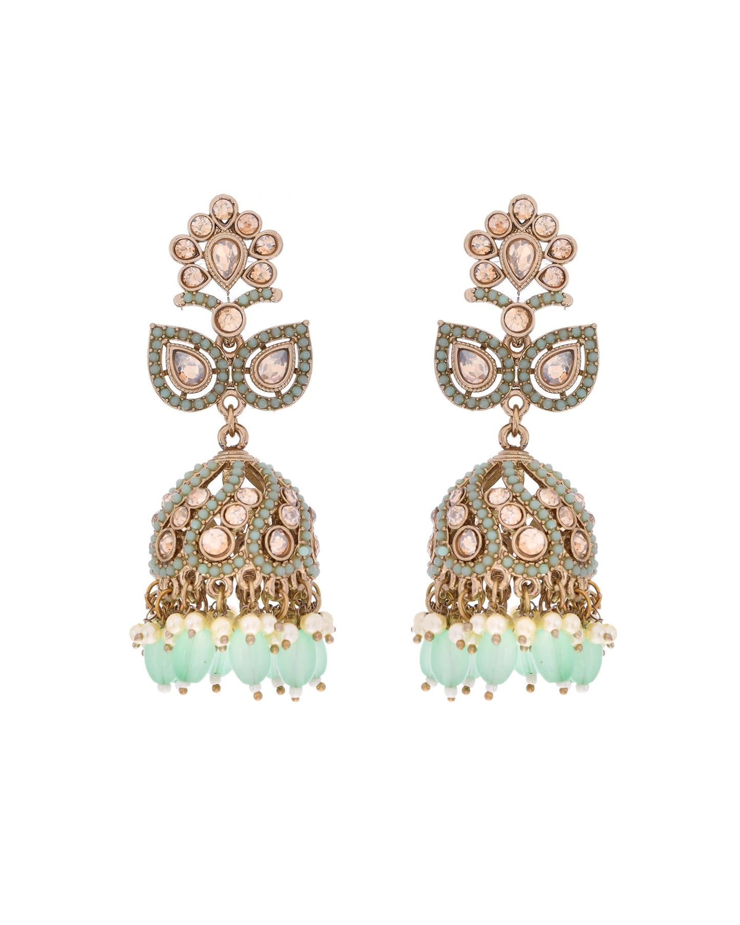 VOJ Mint Green Stone Studded Gold-Polished Jhumkas - Swadesiicart