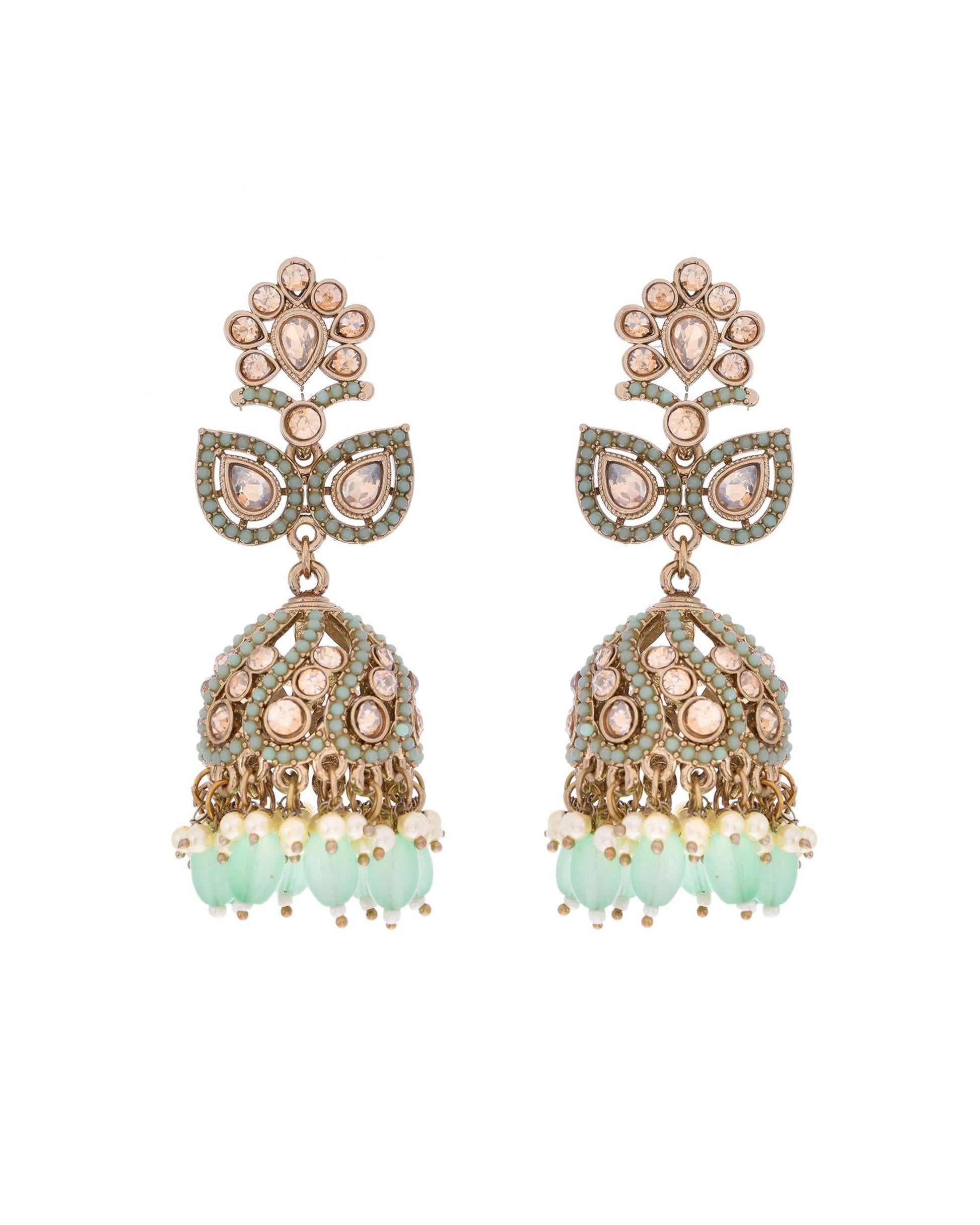 VOJ Mint Green Stone Studded Gold-Polished Jhumkas - Swadesiicart
