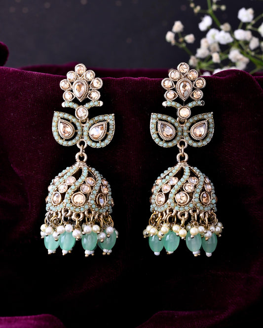 VOJ Mint Green Stone Studded Gold-Polished Jhumkas - Swadesiicart