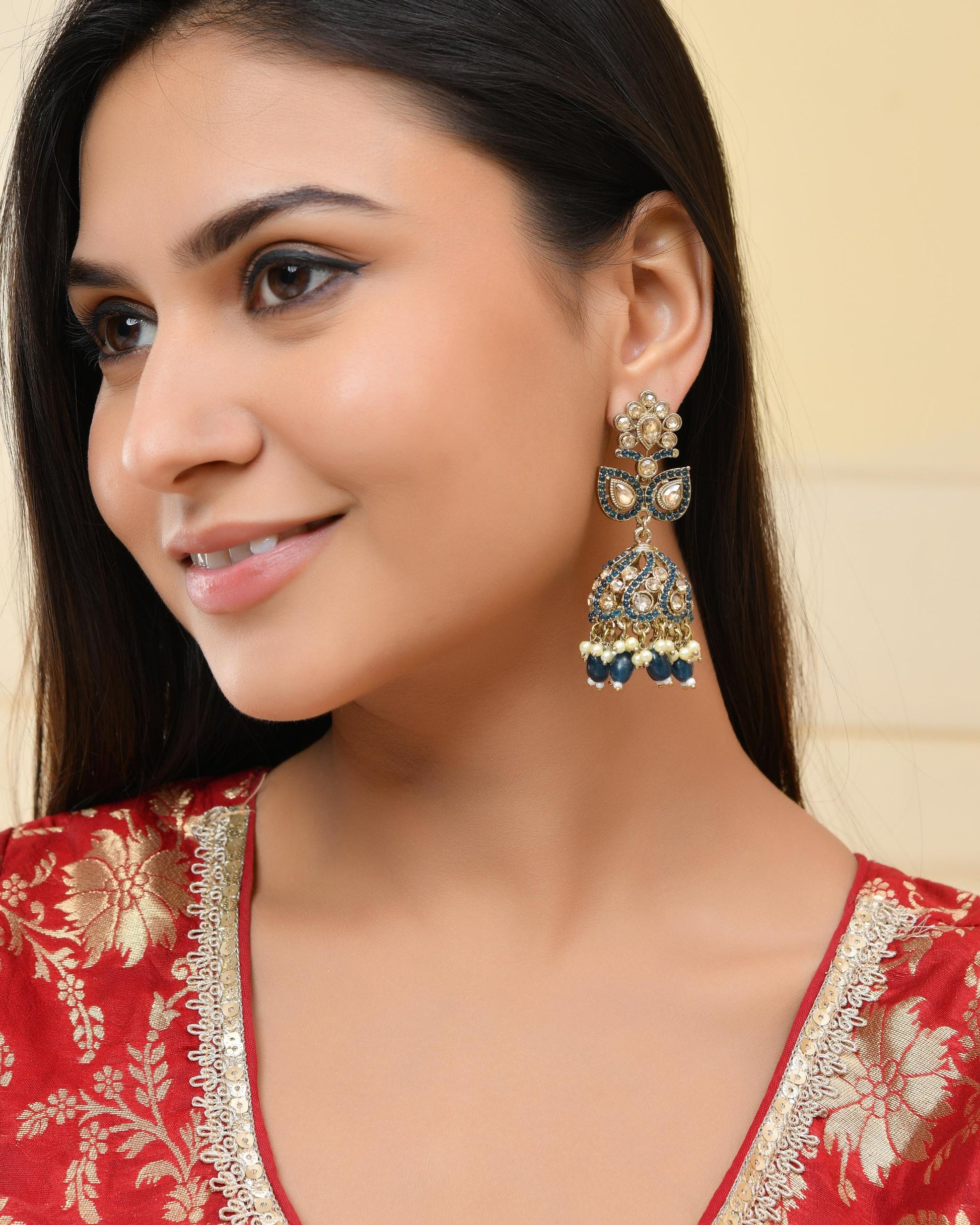 VOJ Blue Stone Studded Gold-Polished Jhumkas - Swadesiicart