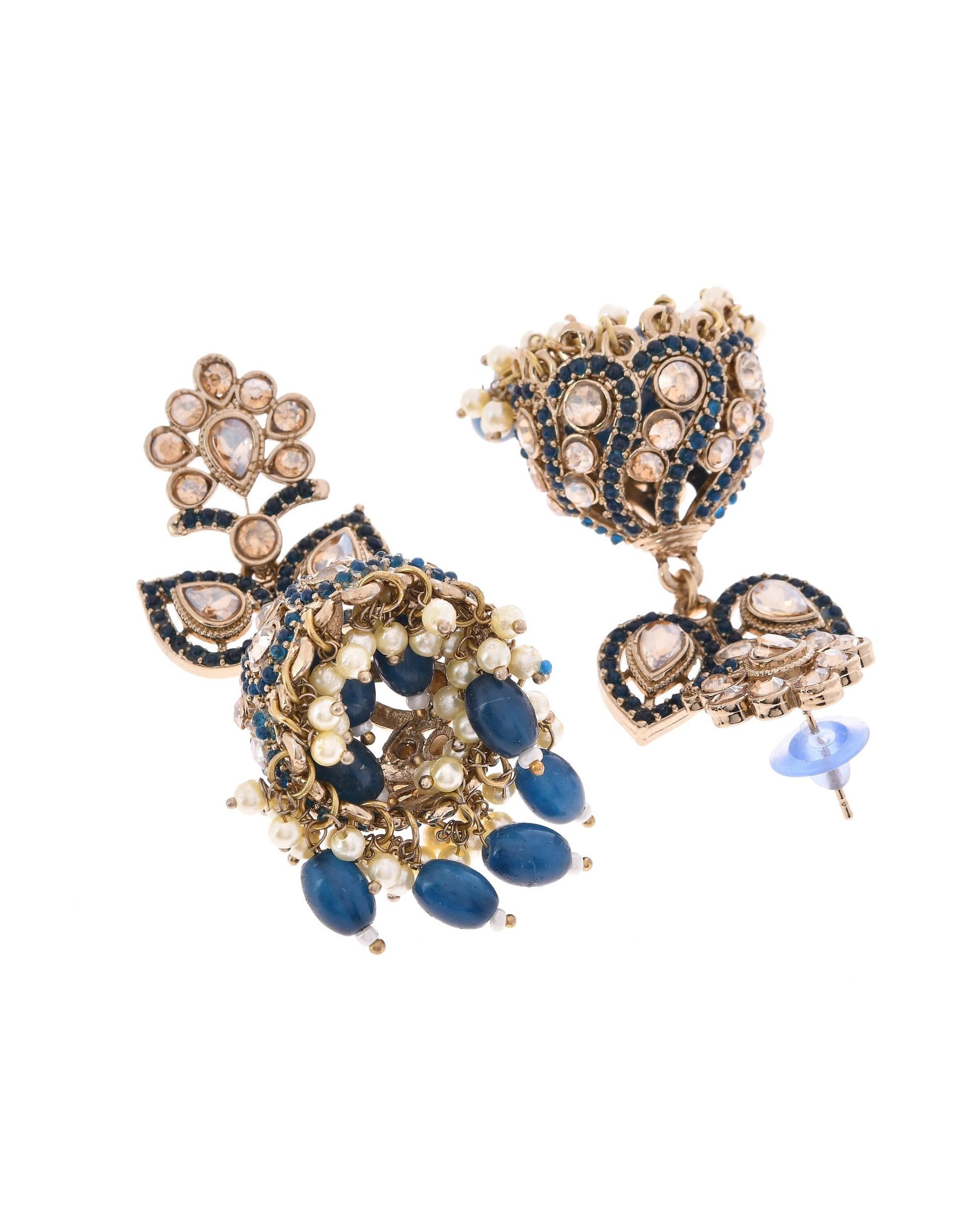 VOJ Blue Stone Studded Gold-Polished Jhumkas - Swadesiicart