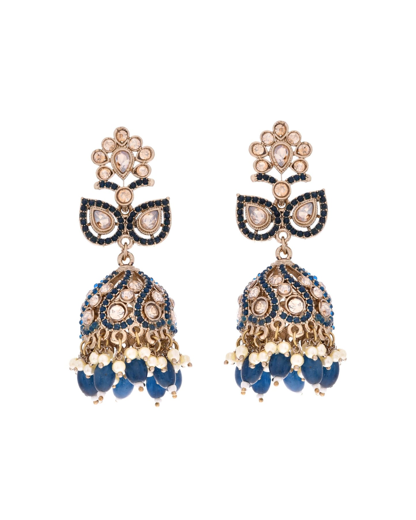 VOJ Blue Stone Studded Gold-Polished Jhumkas - Swadesiicart