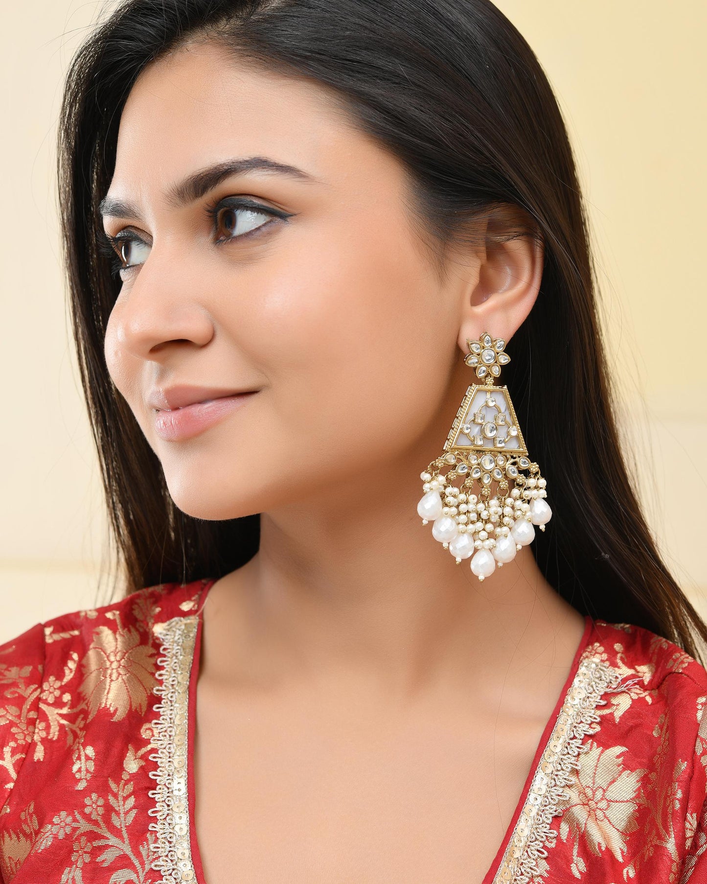 VOJ Gold-Polished Kundan Studded Contemporary Earrings - Swadesiicart