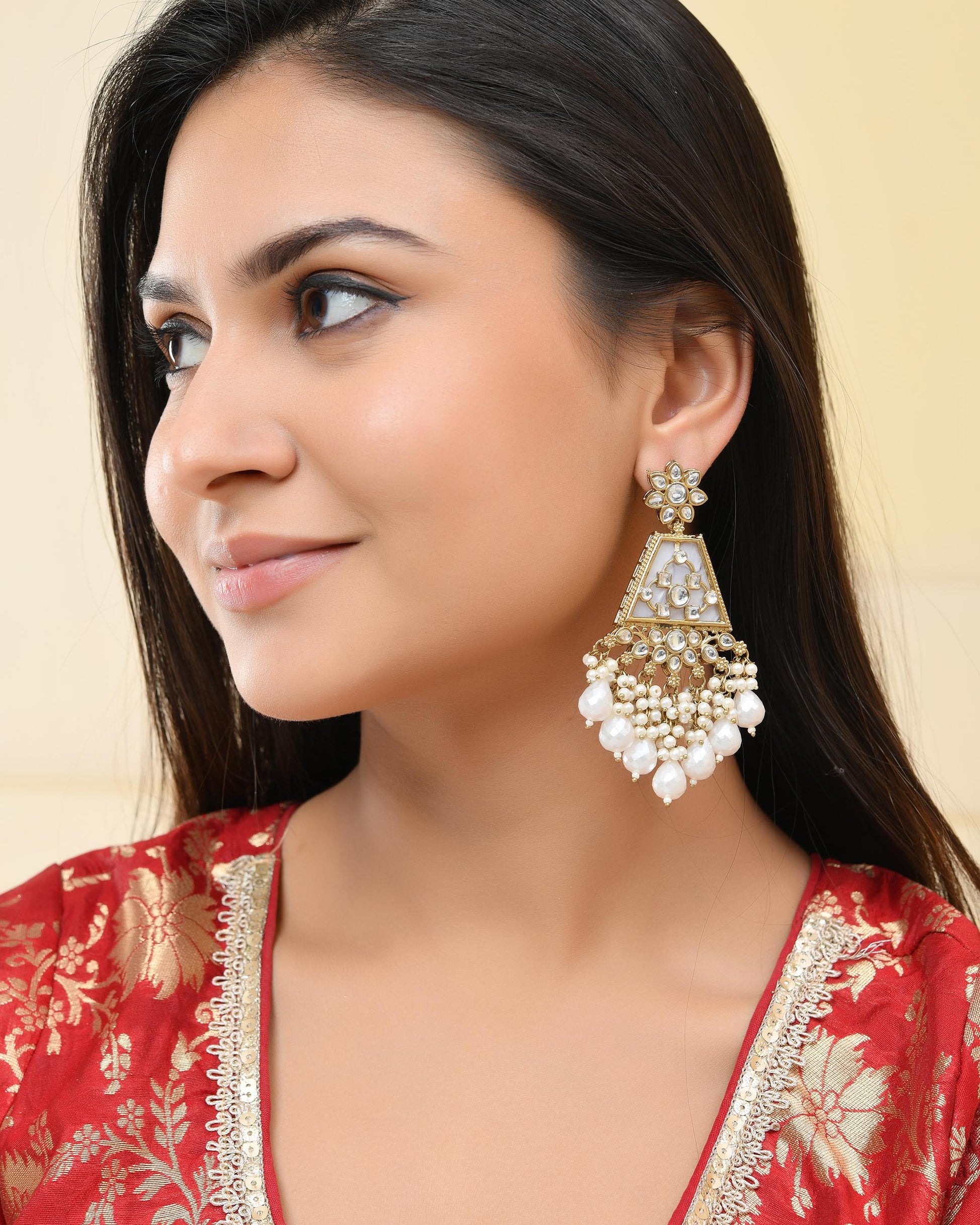 VOJ Gold-Polished Kundan Studded Contemporary Earrings - Swadesiicart
