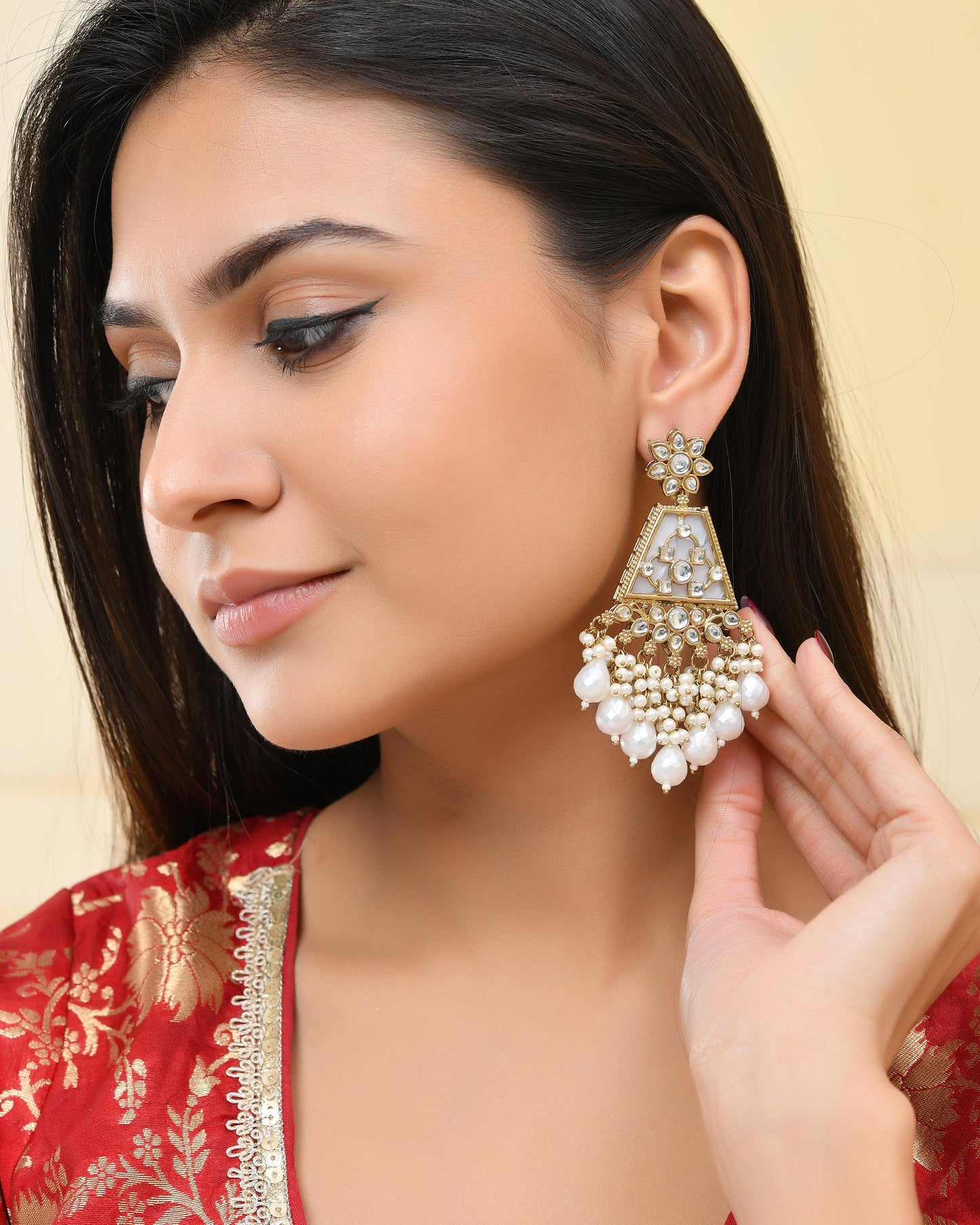 VOJ Gold-Polished Kundan Studded Contemporary Earrings - Swadesiicart