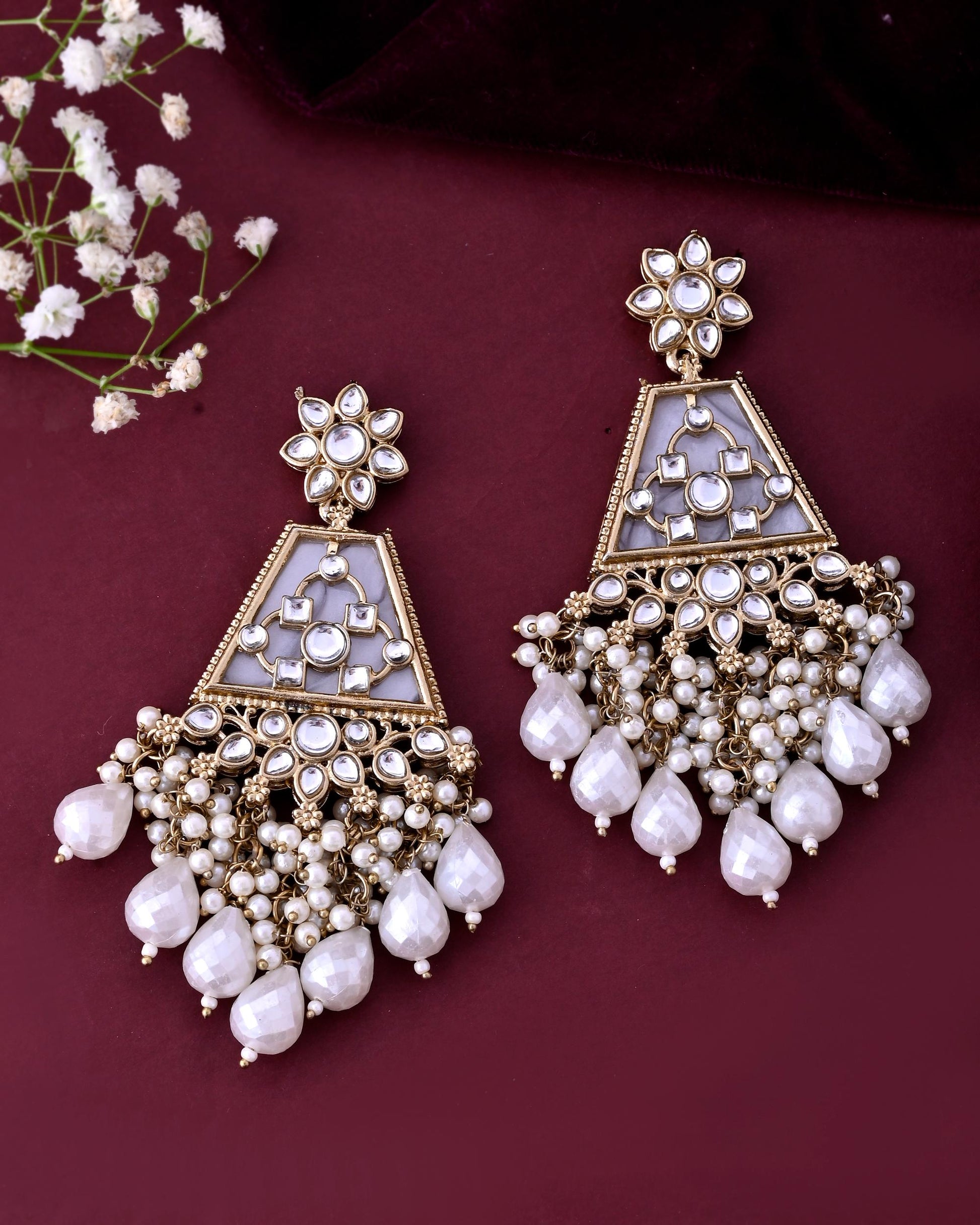 VOJ Gold-Polished Kundan Studded Contemporary Earrings - Swadesiicart