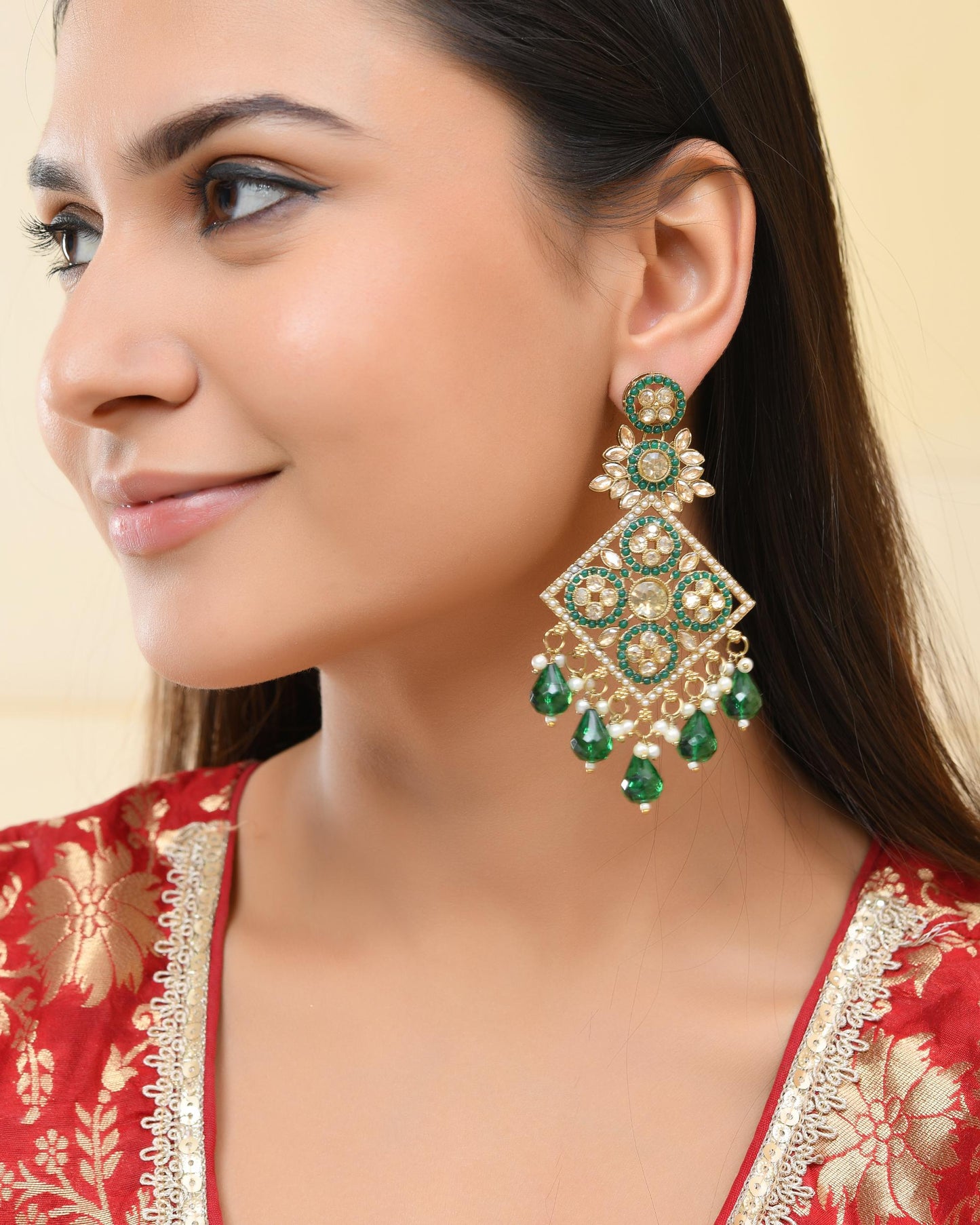VOJ Green Stone Studded Gold-Polished Square Shaped Earrings - Swadesiicart