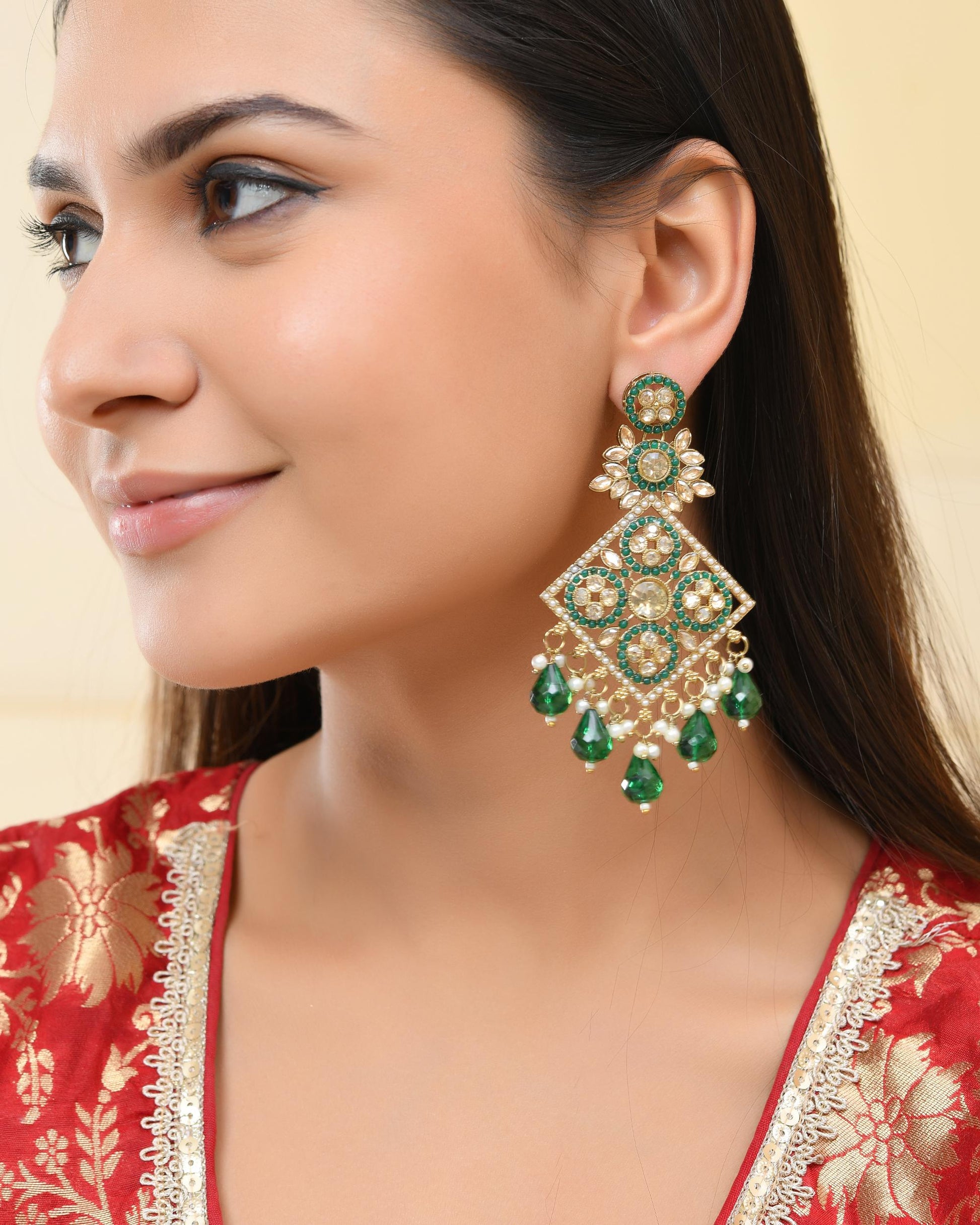 VOJ Green Stone Studded Gold-Polished Square Shaped Earrings - Swadesiicart