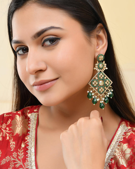 VOJ Green Stone Studded Gold-Polished Square Shaped Earrings - Swadesiicart
