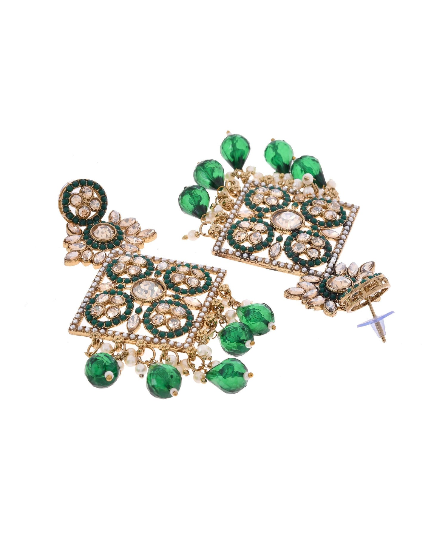VOJ Green Stone Studded Gold-Polished Square Shaped Earrings - Swadesiicart