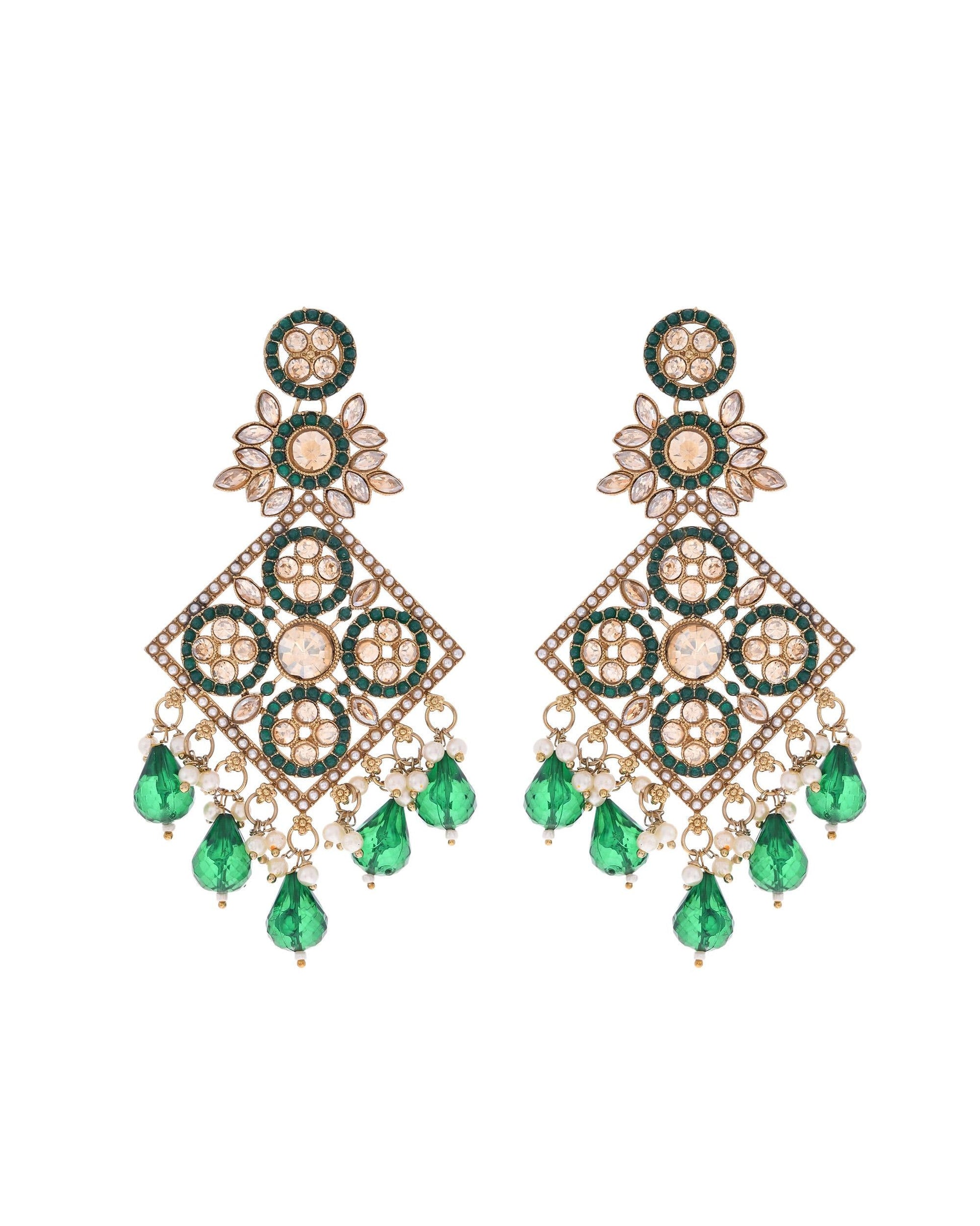 VOJ Green Stone Studded Gold-Polished Square Shaped Earrings - Swadesiicart