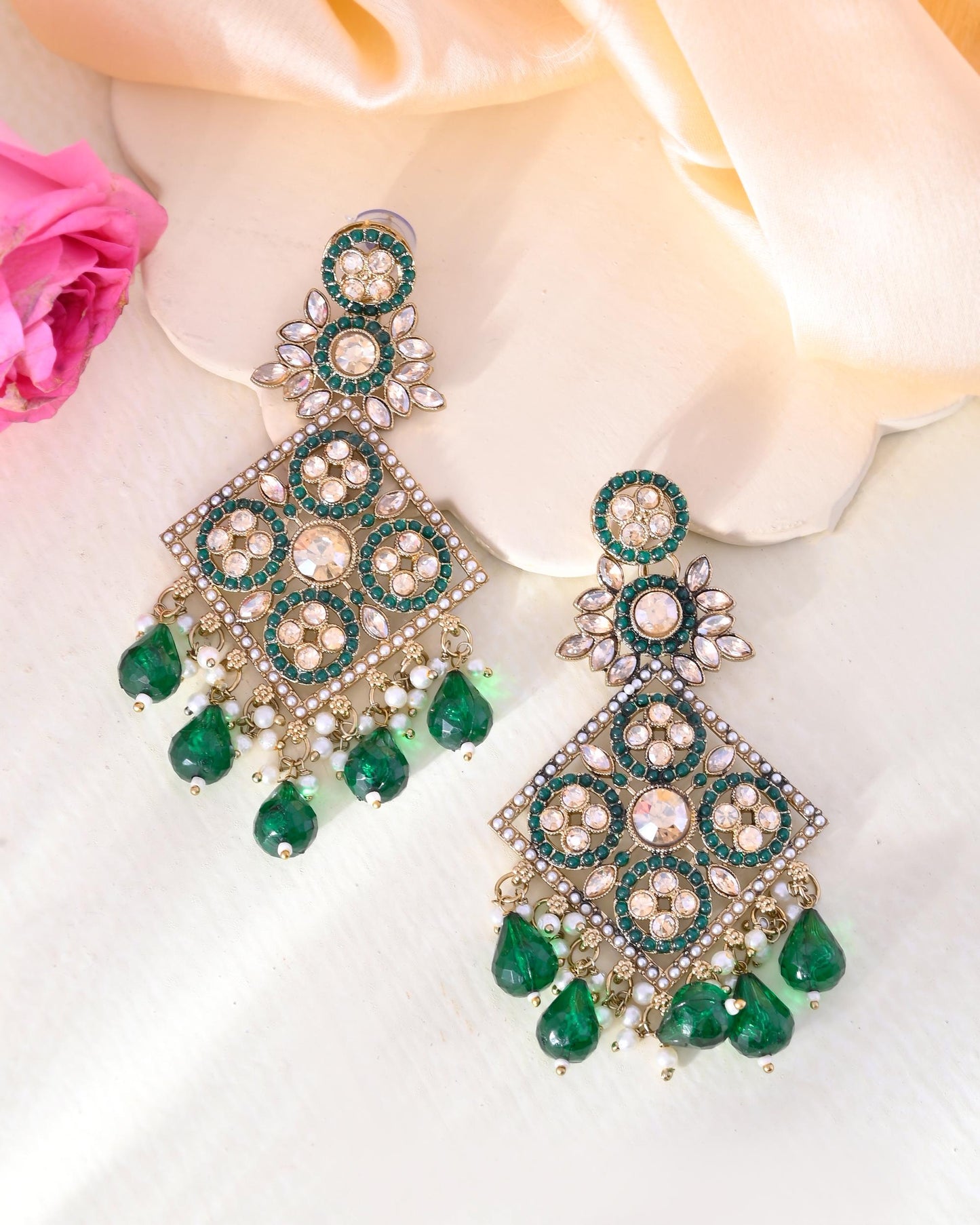 VOJ Green Stone Studded Gold-Polished Square Shaped Earrings - Swadesiicart