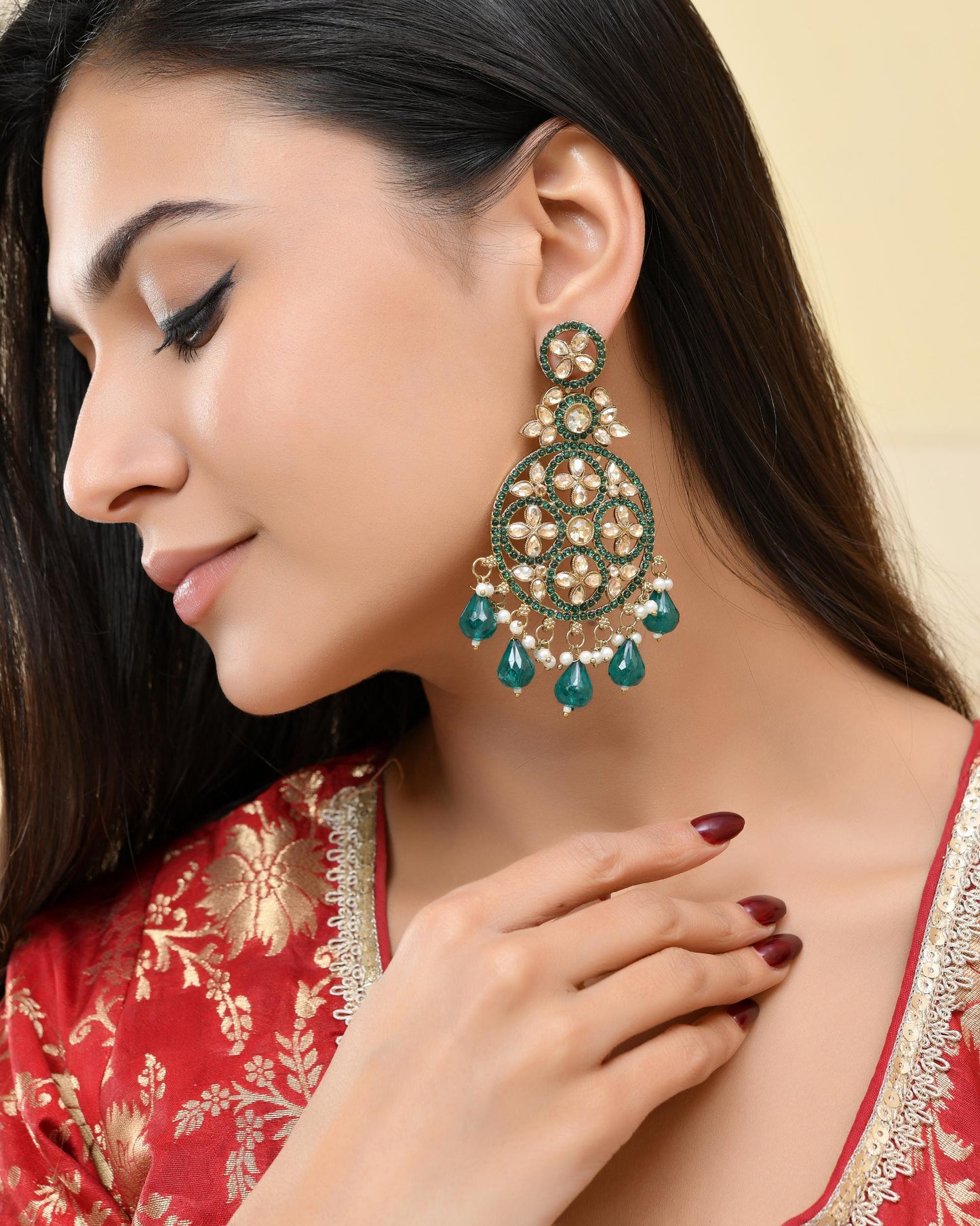 VOJ Teal Green Stone Studded Gold-Polished Circle Shaped Earrings - Swadesiicart