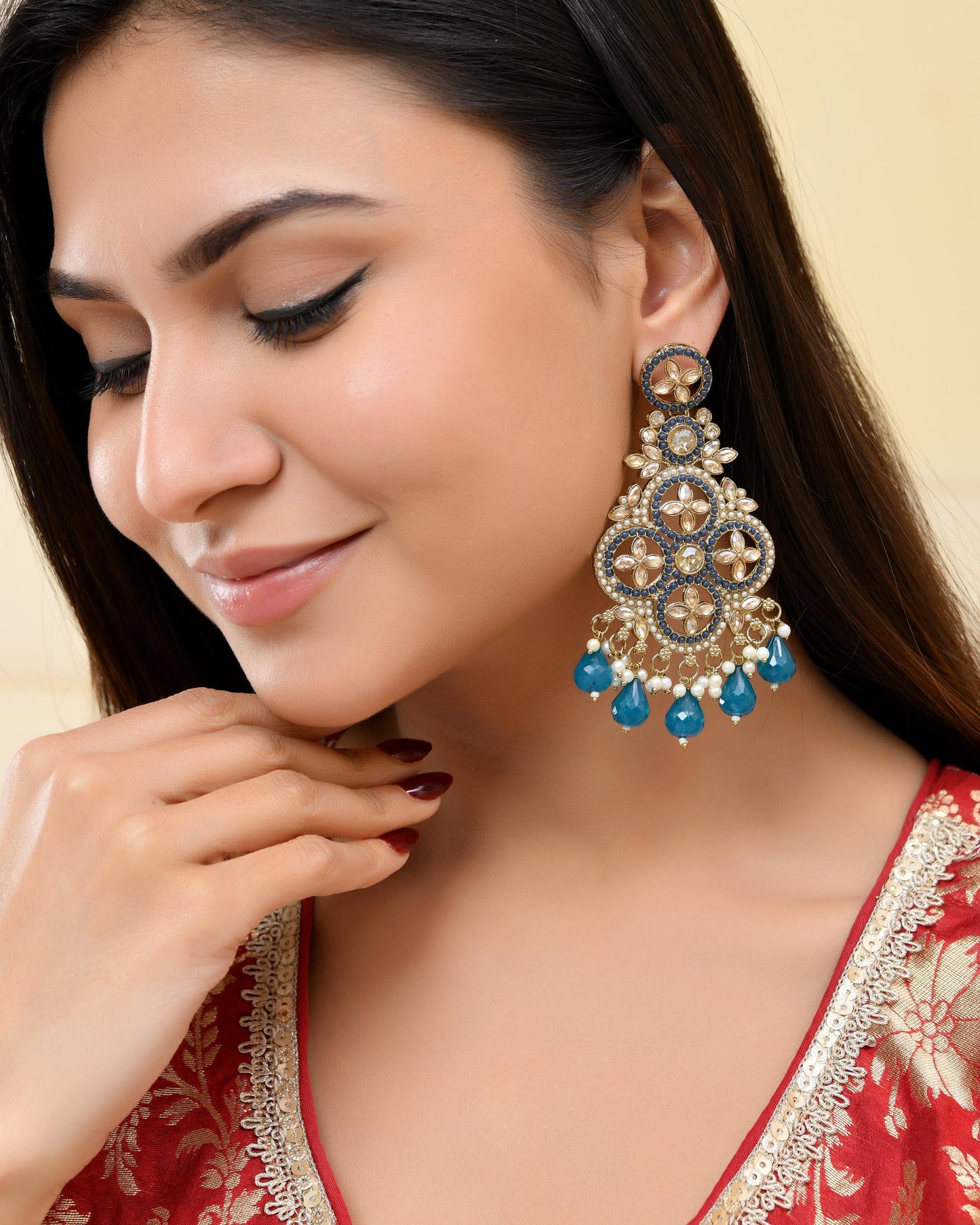 VOJ Blue Stone Studded Gold-Polished Crescent Shaped Earrings - Swadesiicart