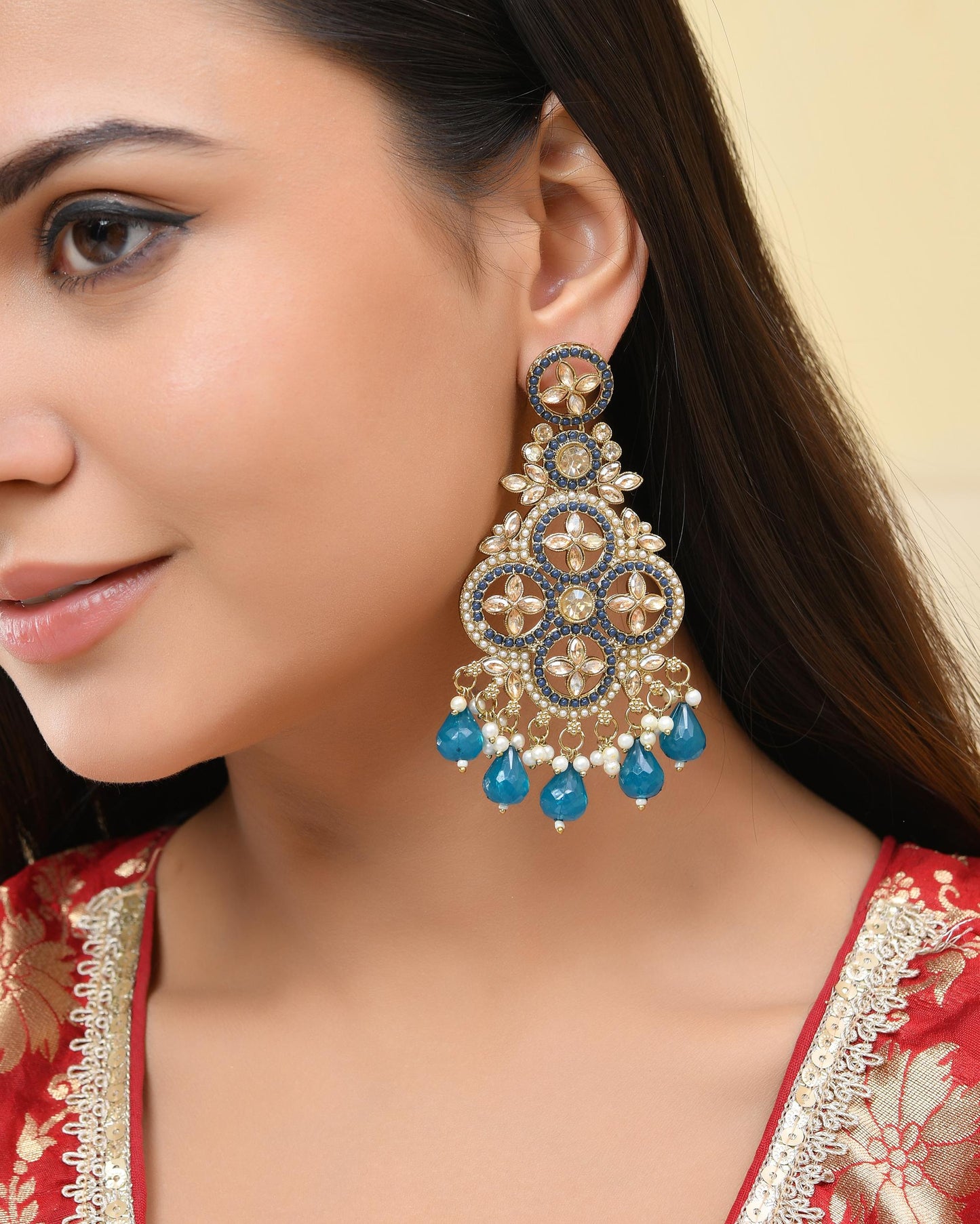 VOJ Blue Stone Studded Gold-Polished Crescent Shaped Earrings - Swadesiicart