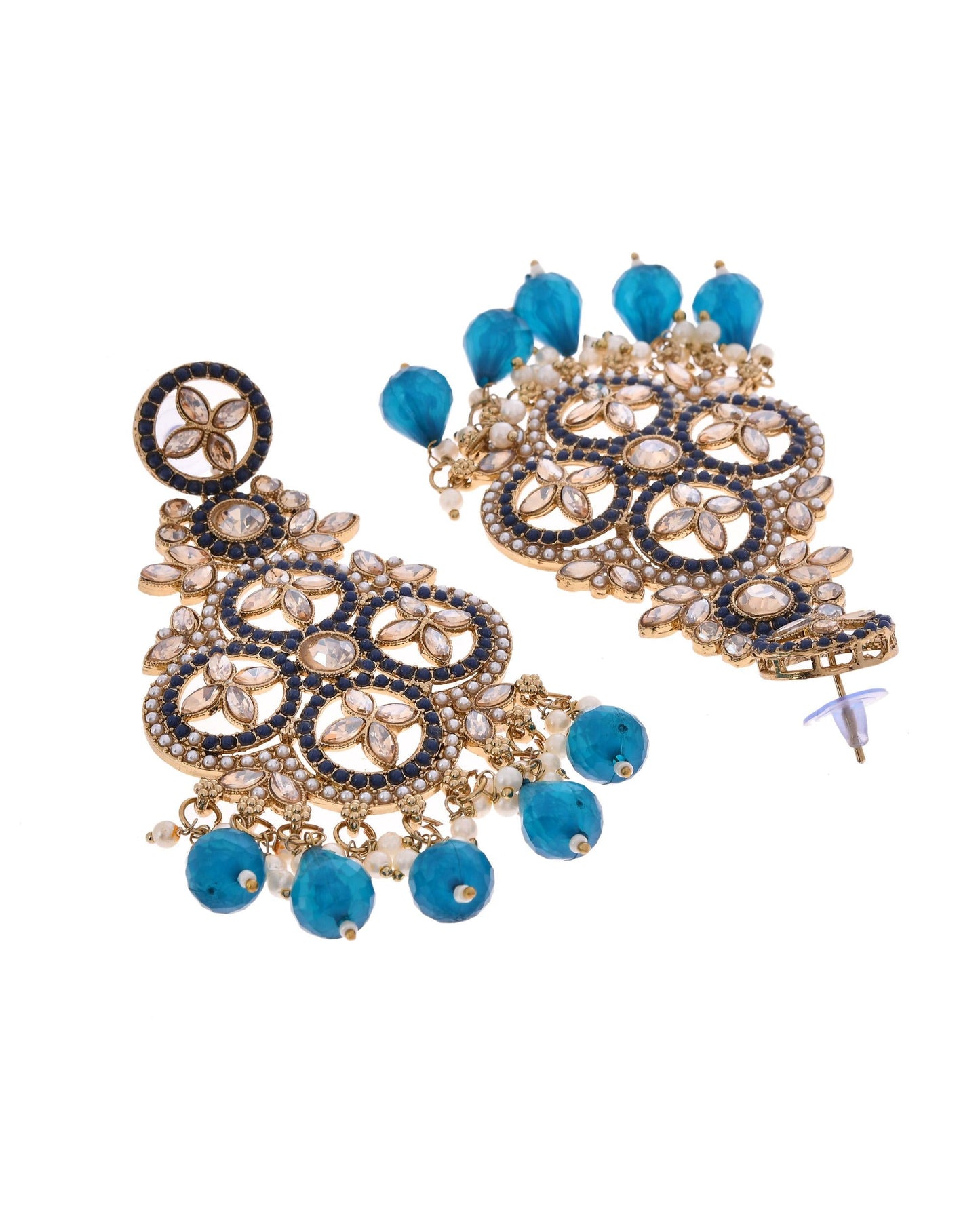 VOJ Blue Stone Studded Gold-Polished Crescent Shaped Earrings - Swadesiicart