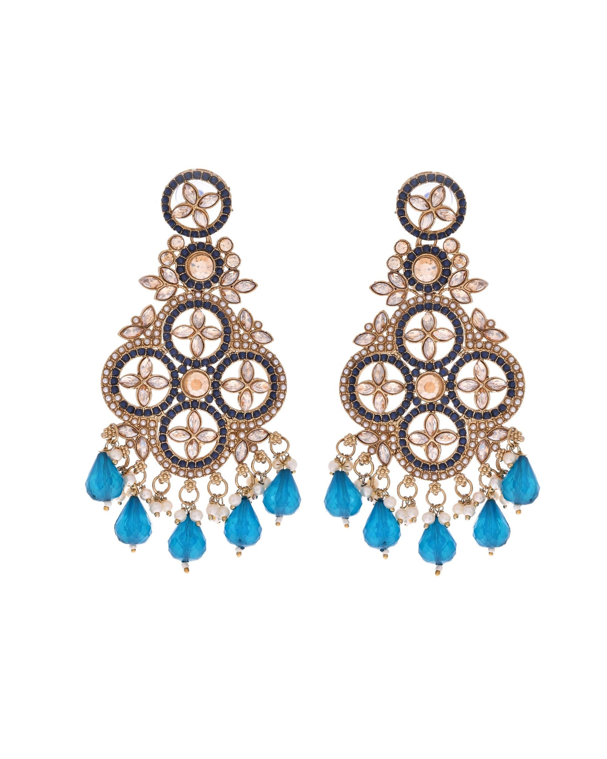 VOJ Blue Stone Studded Gold-Polished Crescent Shaped Earrings - Swadesiicart
