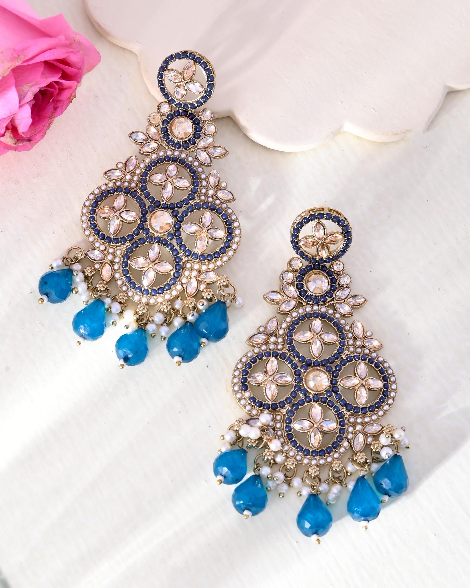 VOJ Blue Stone Studded Gold-Polished Crescent Shaped Earrings - Swadesiicart