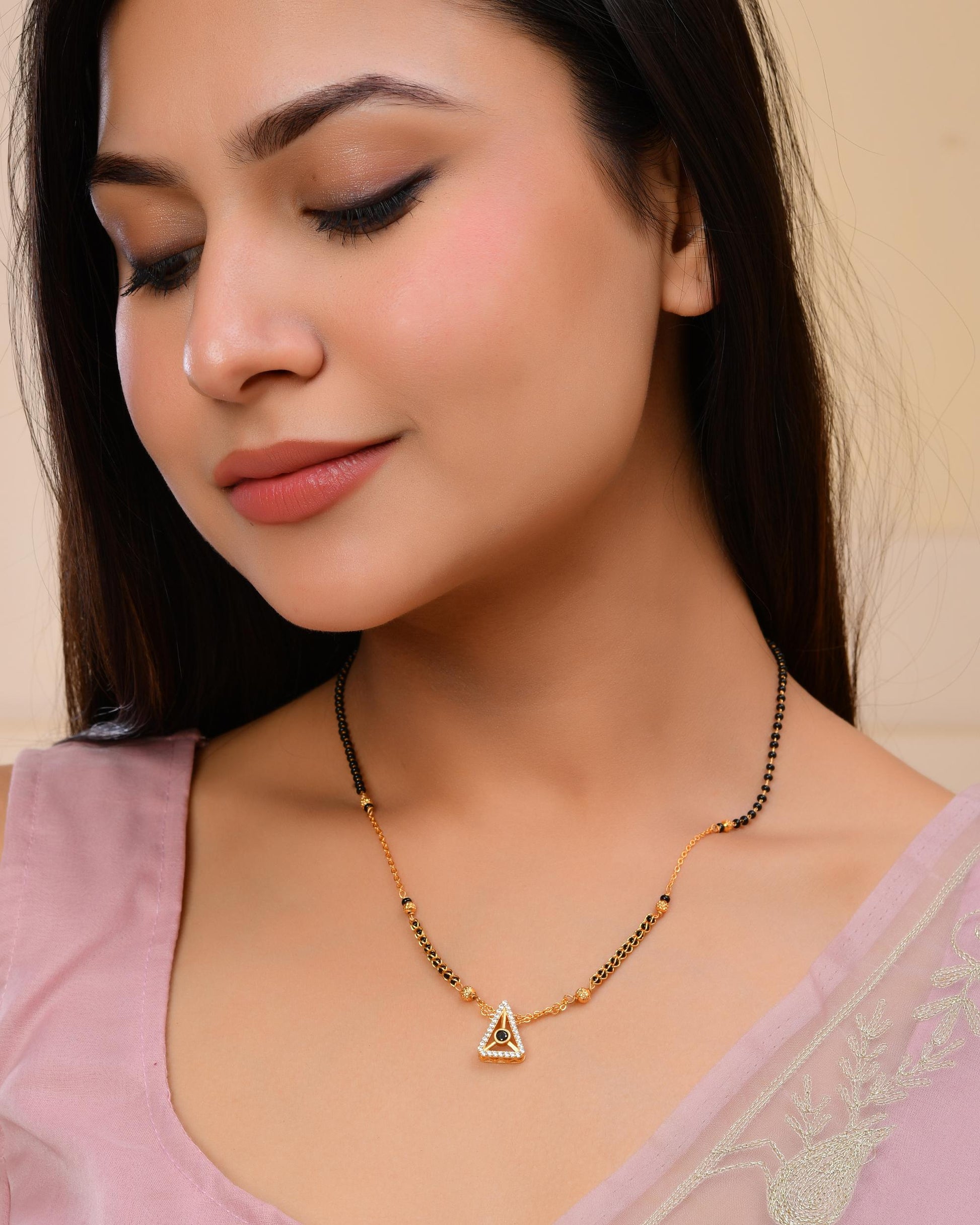 VOJ Gold-Polished Ad Studded Geometrical Shaped Mangalsutra - Swadesiicart