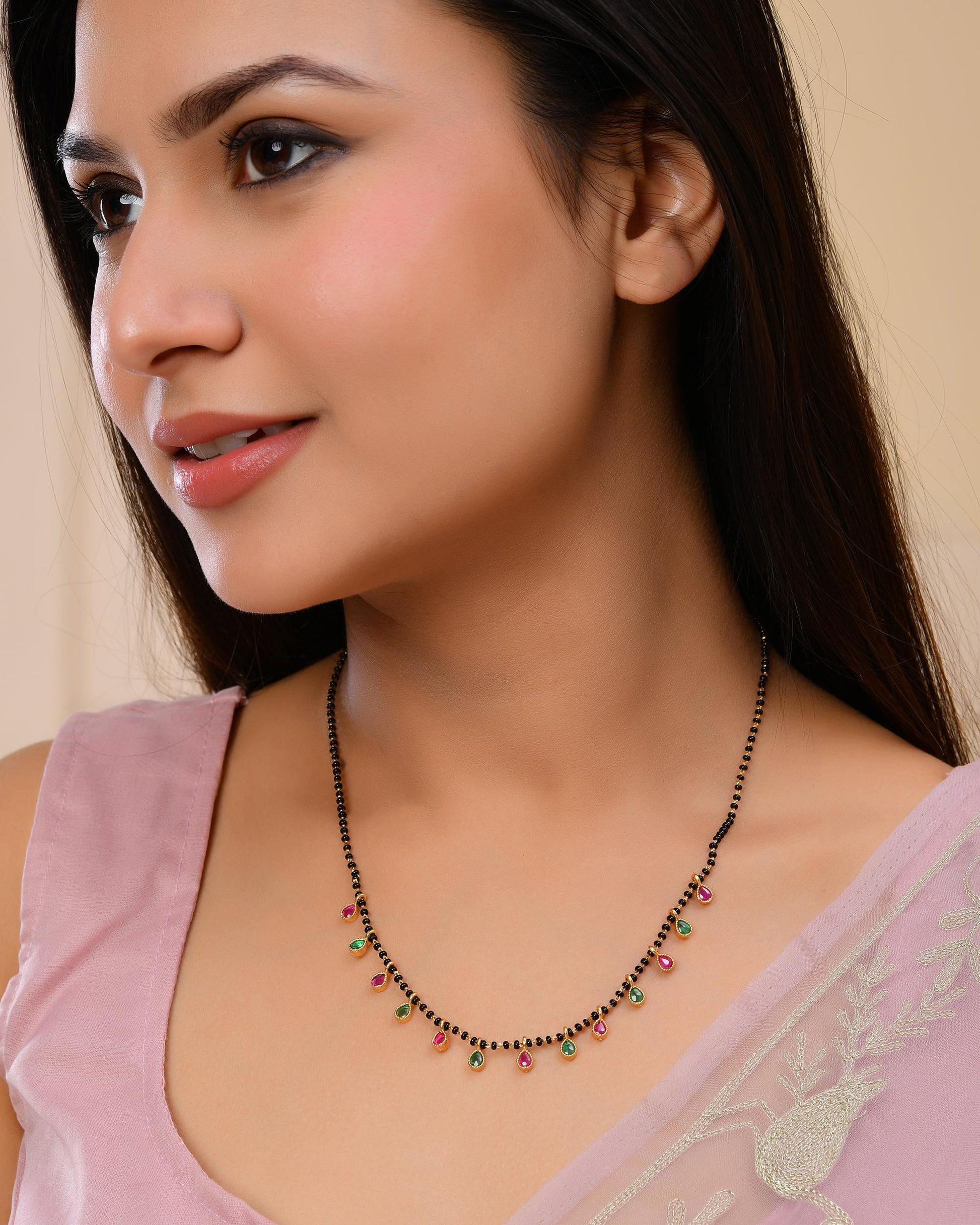 VOJ Gold-Polished Ad Studded Drop Shaped Mangalsutra - Swadesiicart