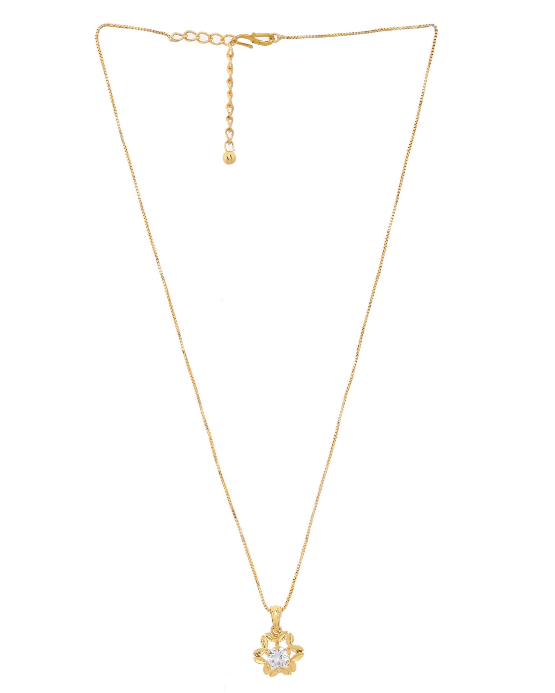 VOJ Gold-Polished Flower Shaped Ad Studded Pendant With Chain - Swadesiicart