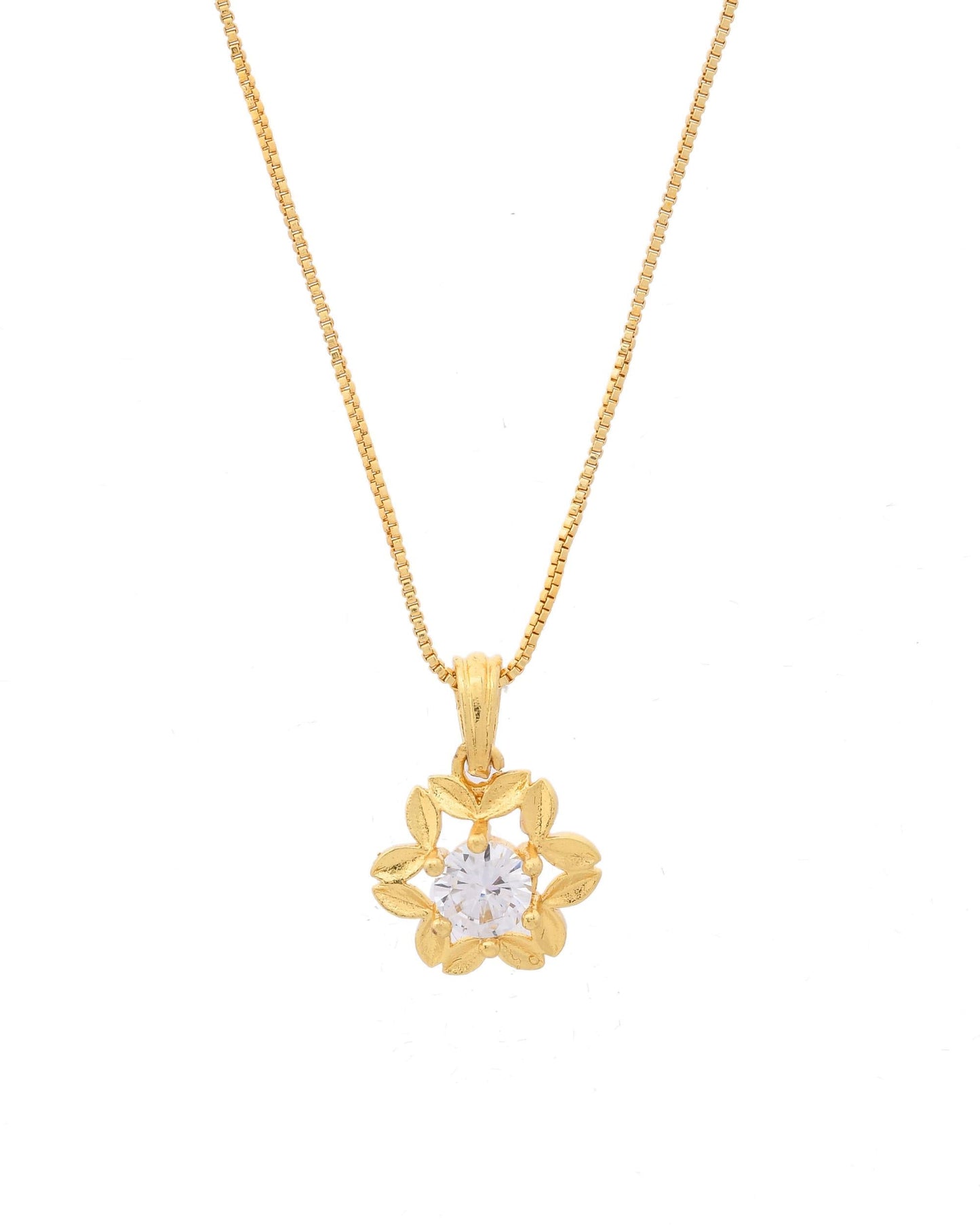 VOJ Gold-Polished Flower Shaped Ad Studded Pendant With Chain - Swadesiicart