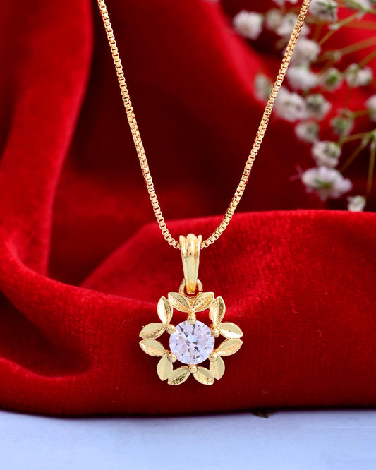 VOJ Gold-Polished Flower Shaped Ad Studded Pendant With Chain - Swadesiicart