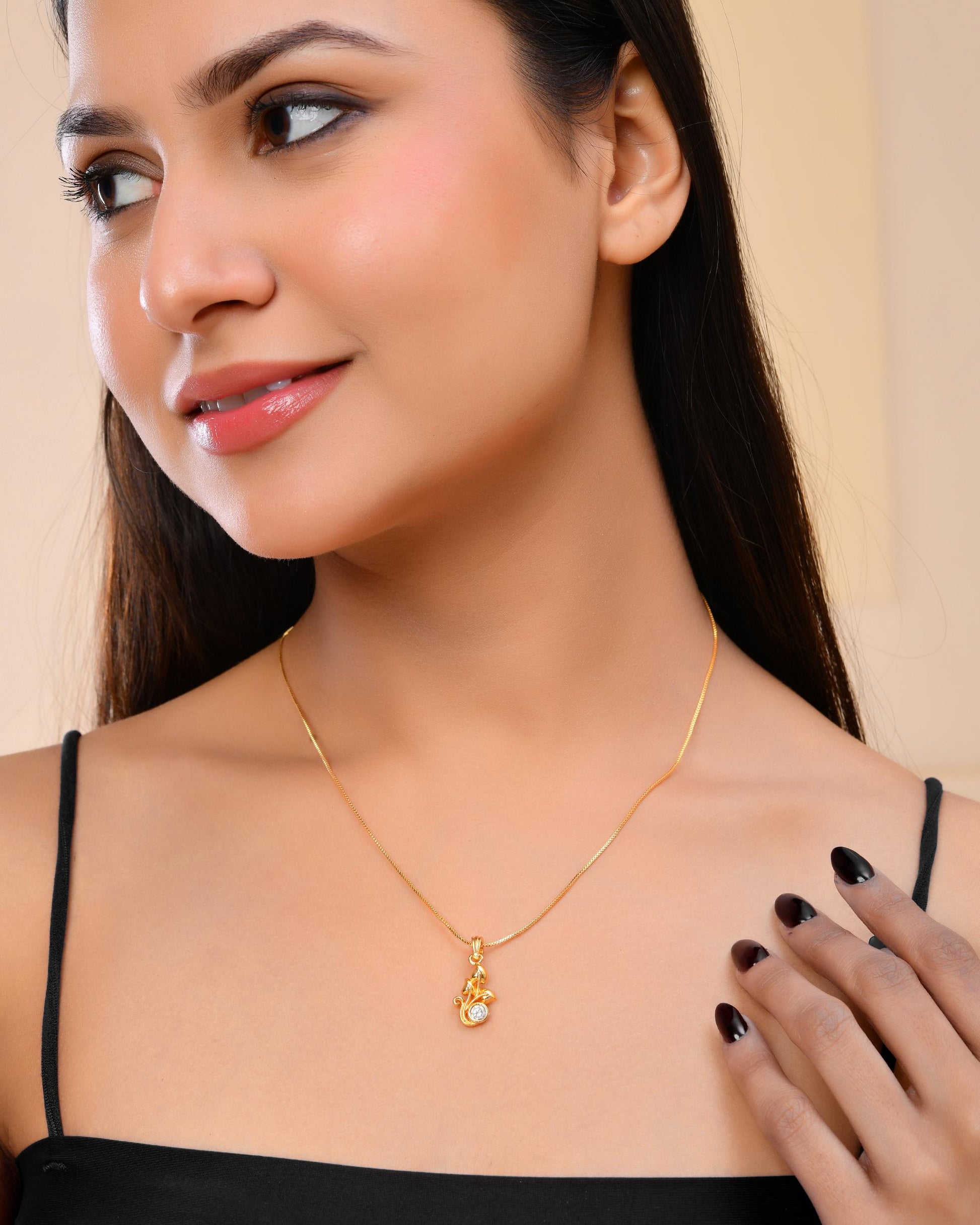VOJ Gold-Polished Plant Shaped Ad Studded Pendant With Chain - Swadesiicart