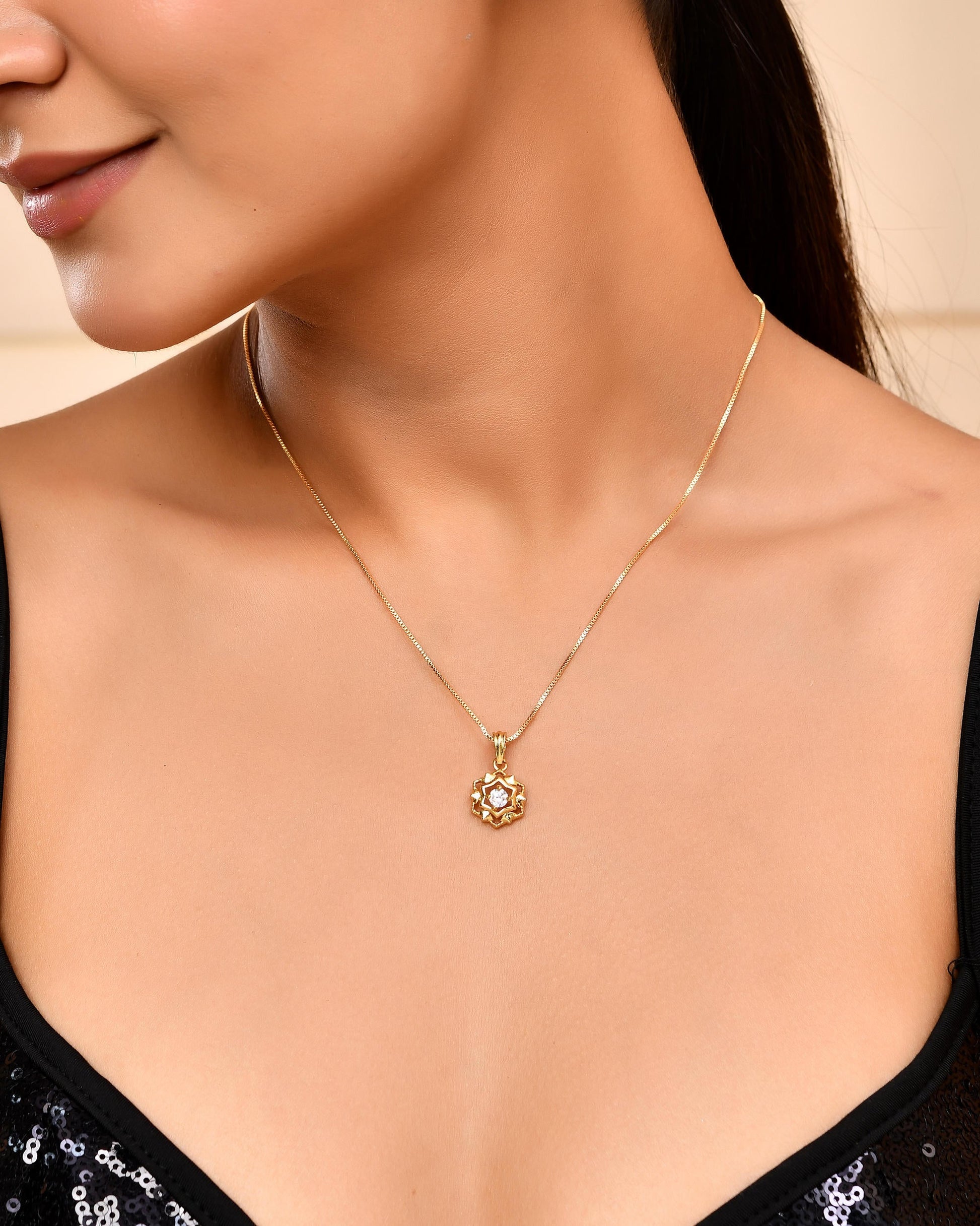 VOJ Gold-Polished Flower Shaped AD Studded Pandent With Chain - Swadesiicart
