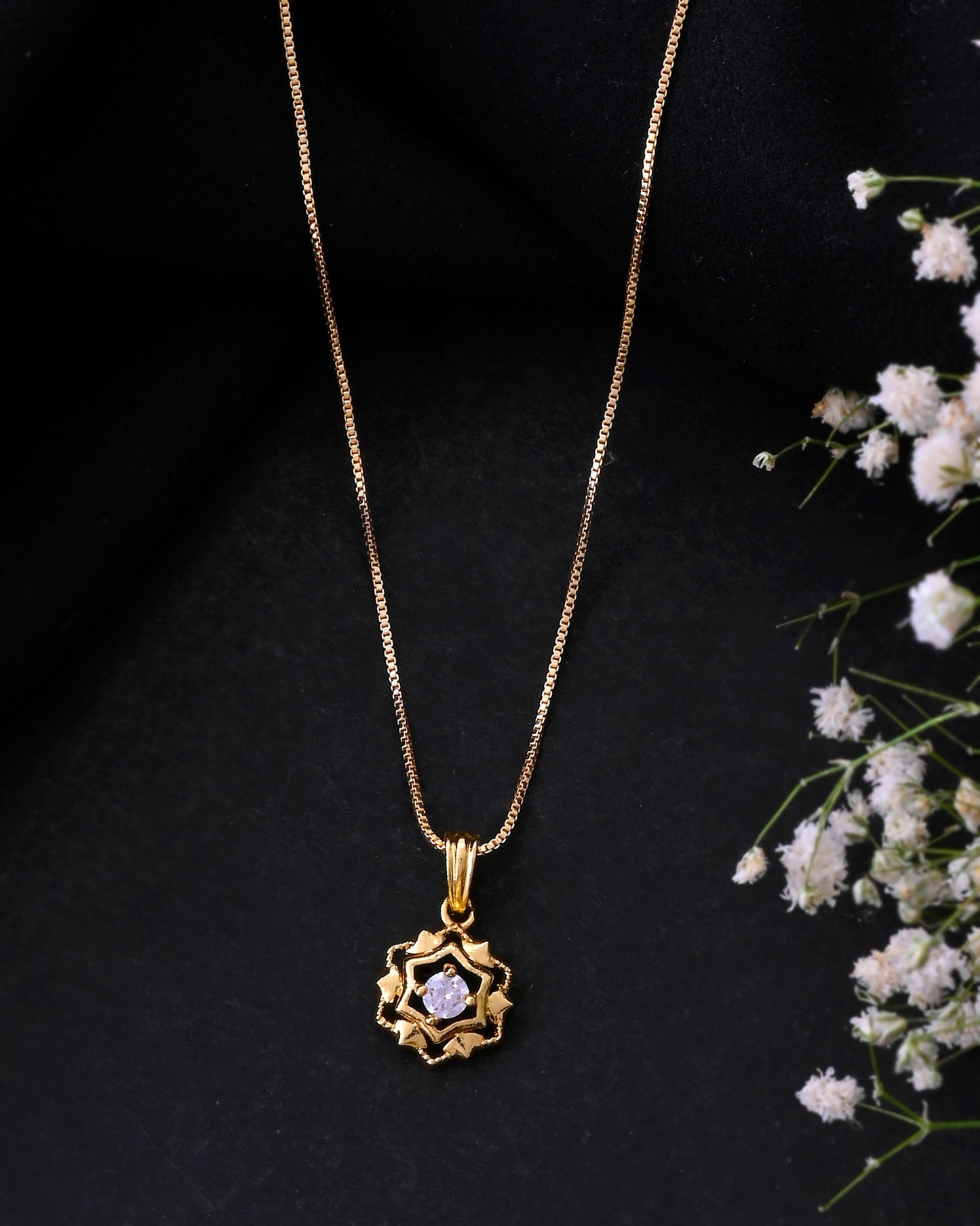 VOJ Gold-Polished Flower Shaped AD Studded Pandent With Chain - Swadesiicart