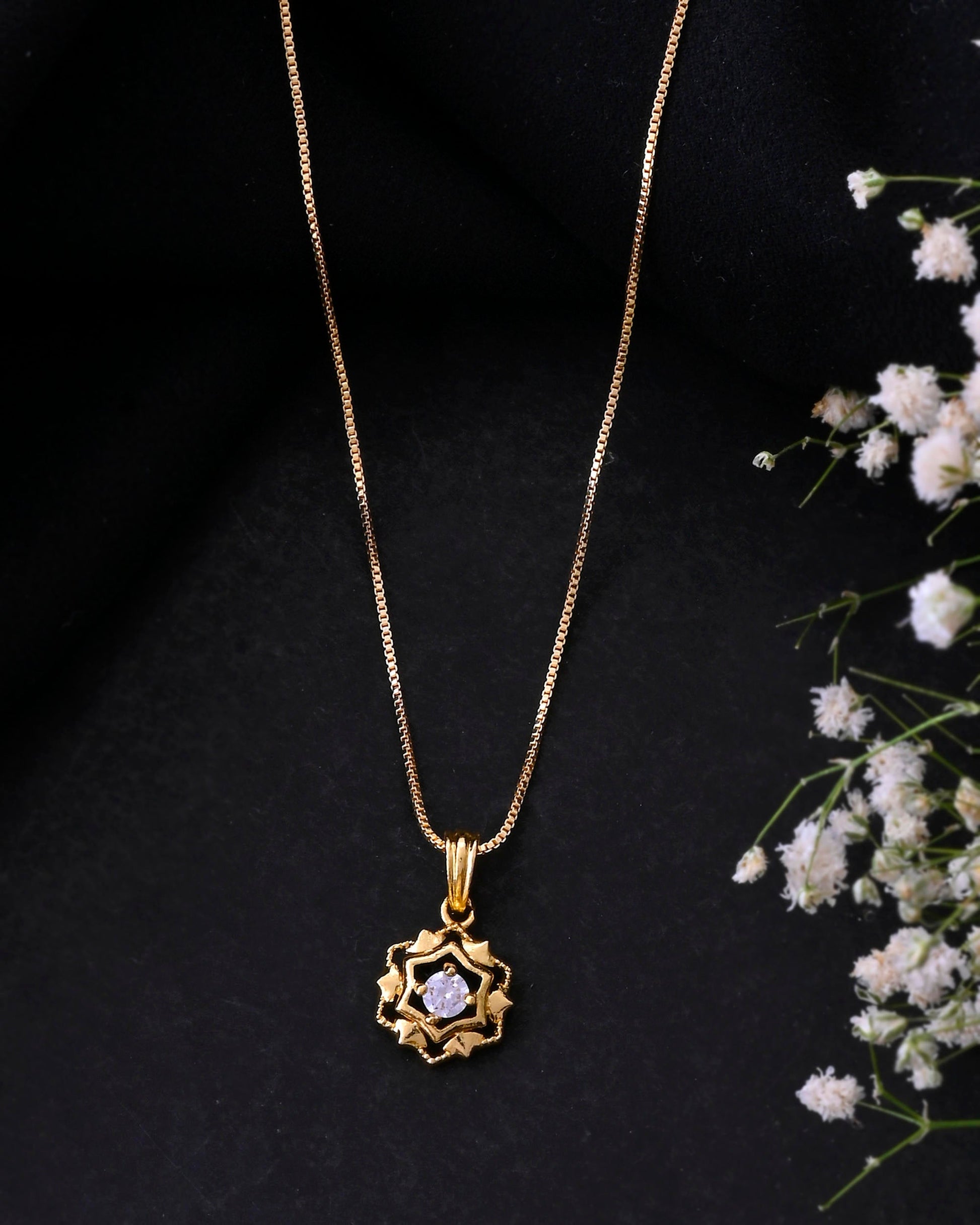VOJ Gold-Polished Flower Shaped AD Studded Pandent With Chain - Swadesiicart