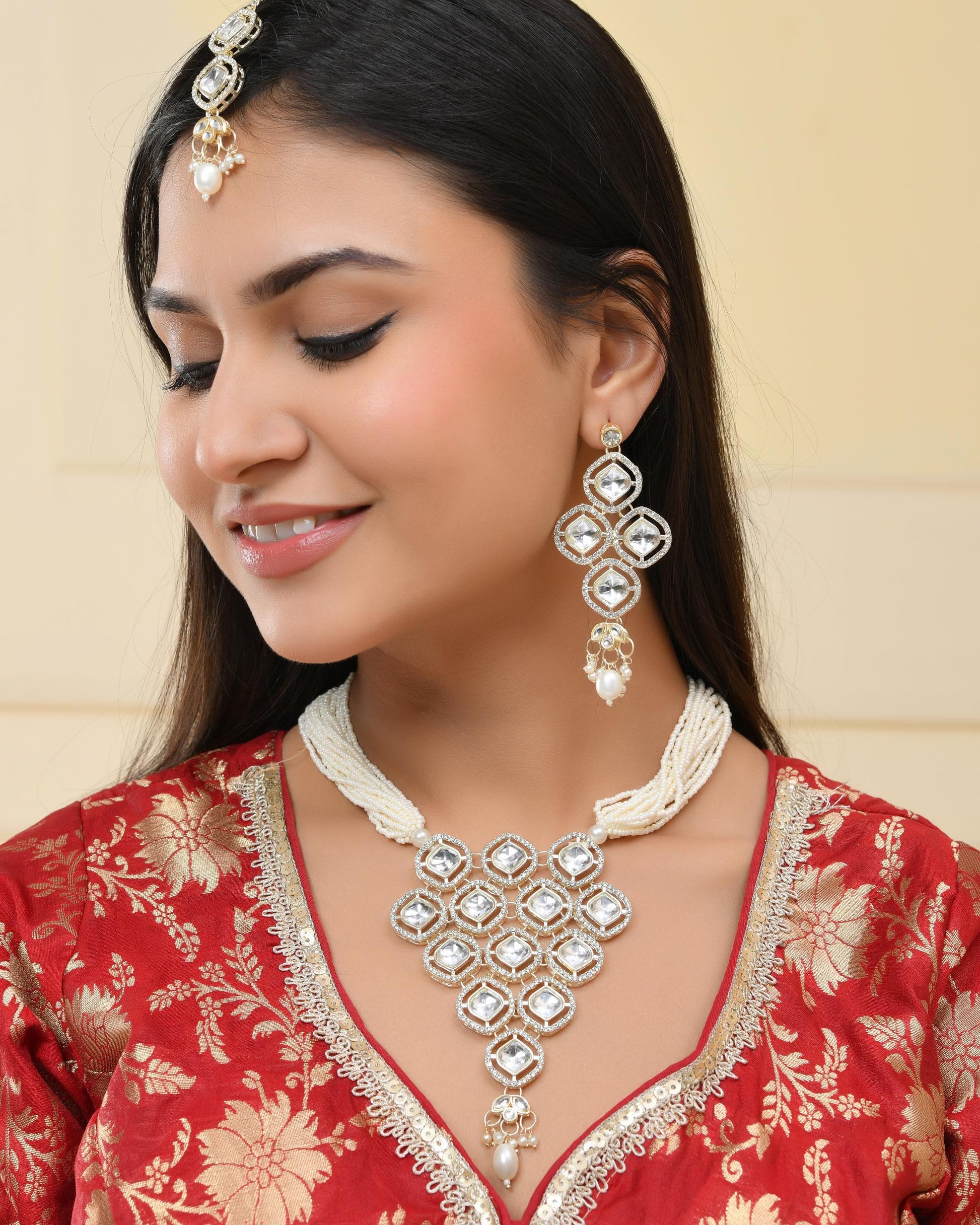 VOJ Gold-Polished Stone With White Beaded Long Jewellery Set - Swadesiicart
